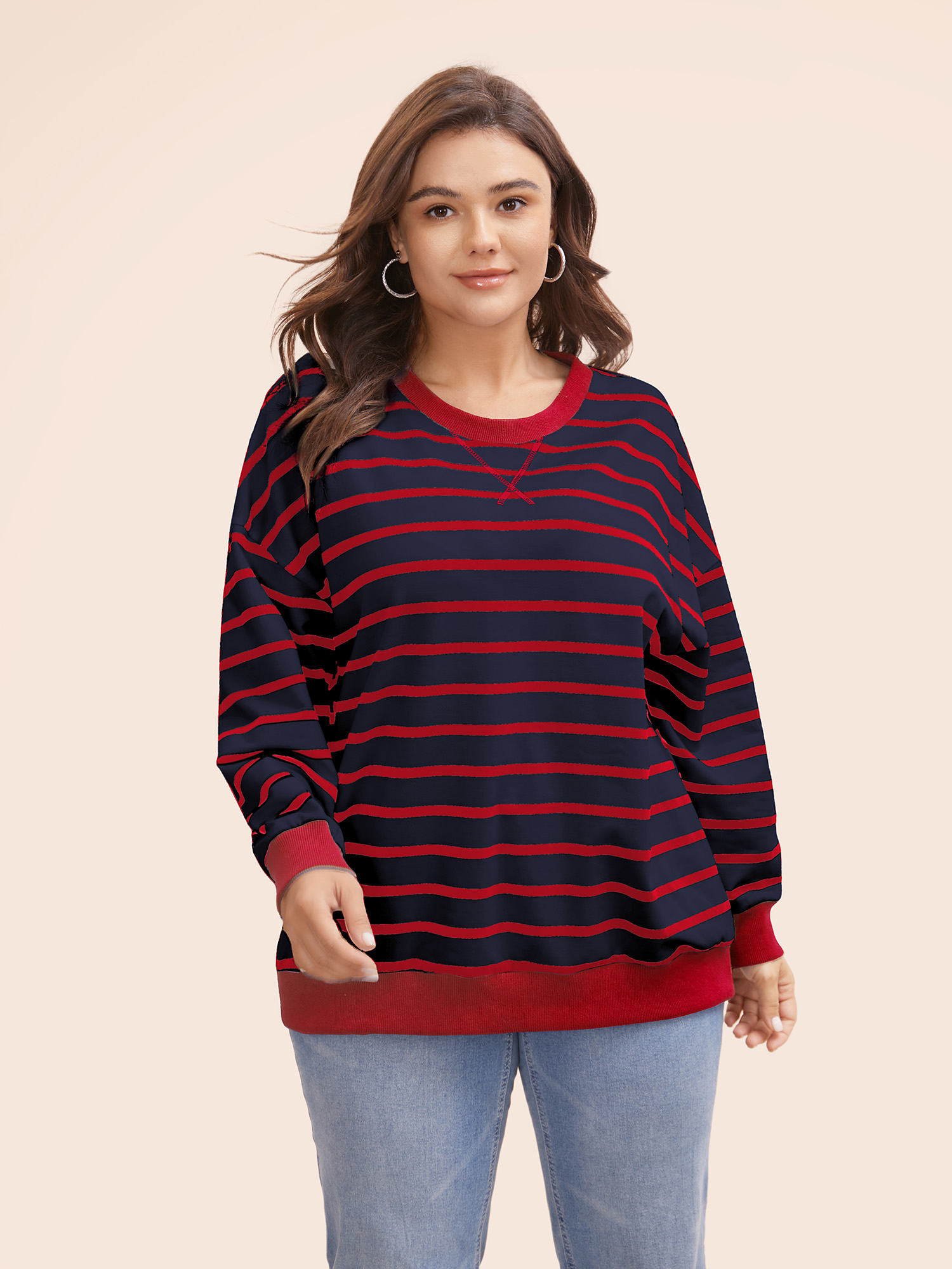 

Plus Size Striped Contrast Trim Stitch Sweatshirt Women Indigo Casual Topstitching Round Neck Everyday Sweatshirts BloomChic