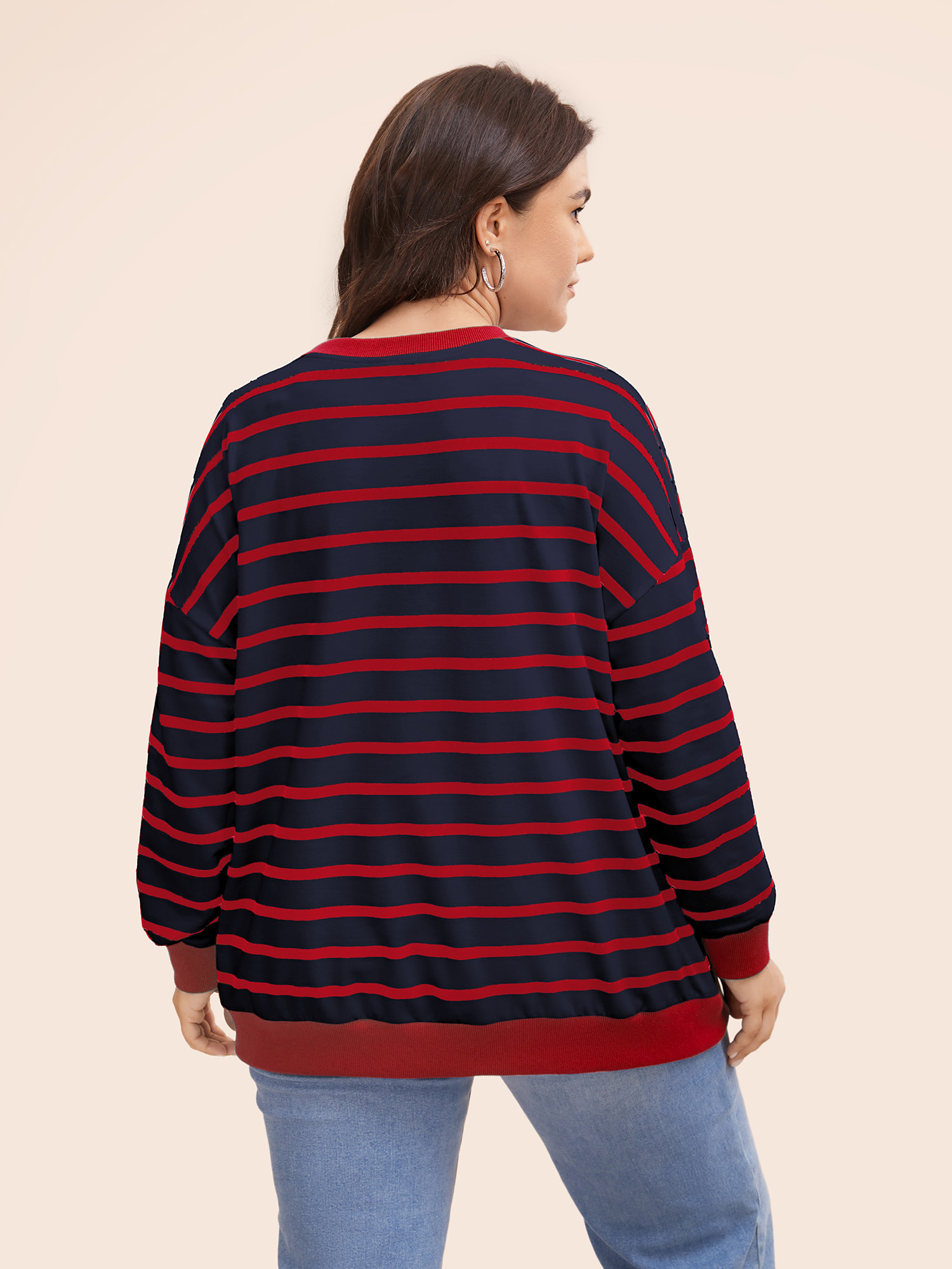 

Plus Size Striped Contrast Trim Stitch Sweatshirt Women Indigo Casual Topstitching Round Neck Everyday Sweatshirts BloomChic