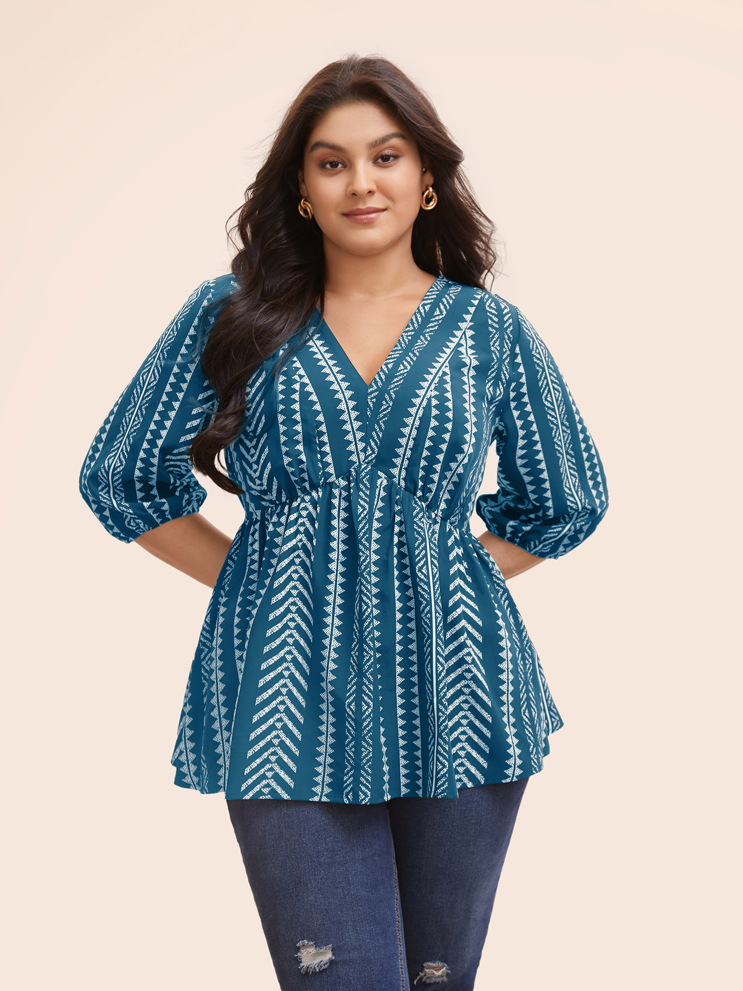 

Plus Size Aegean Bandana Geometric Lantern Sleeve Gathered Blouse Women Resort Elbow-length sleeve V-neck Vacation Blouses BloomChic