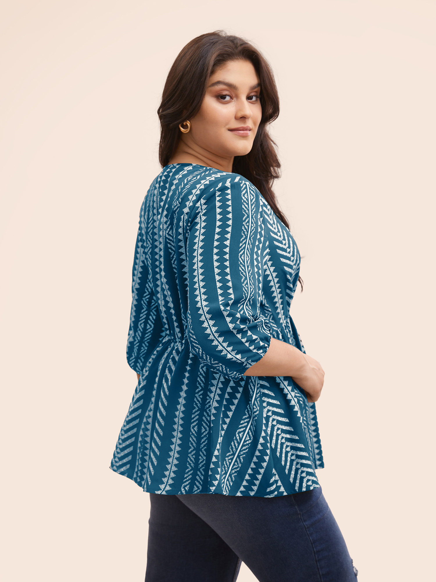 

Plus Size Aegean Bandana Geometric Lantern Sleeve Gathered Blouse Women Resort Elbow-length sleeve V-neck Vacation Blouses BloomChic