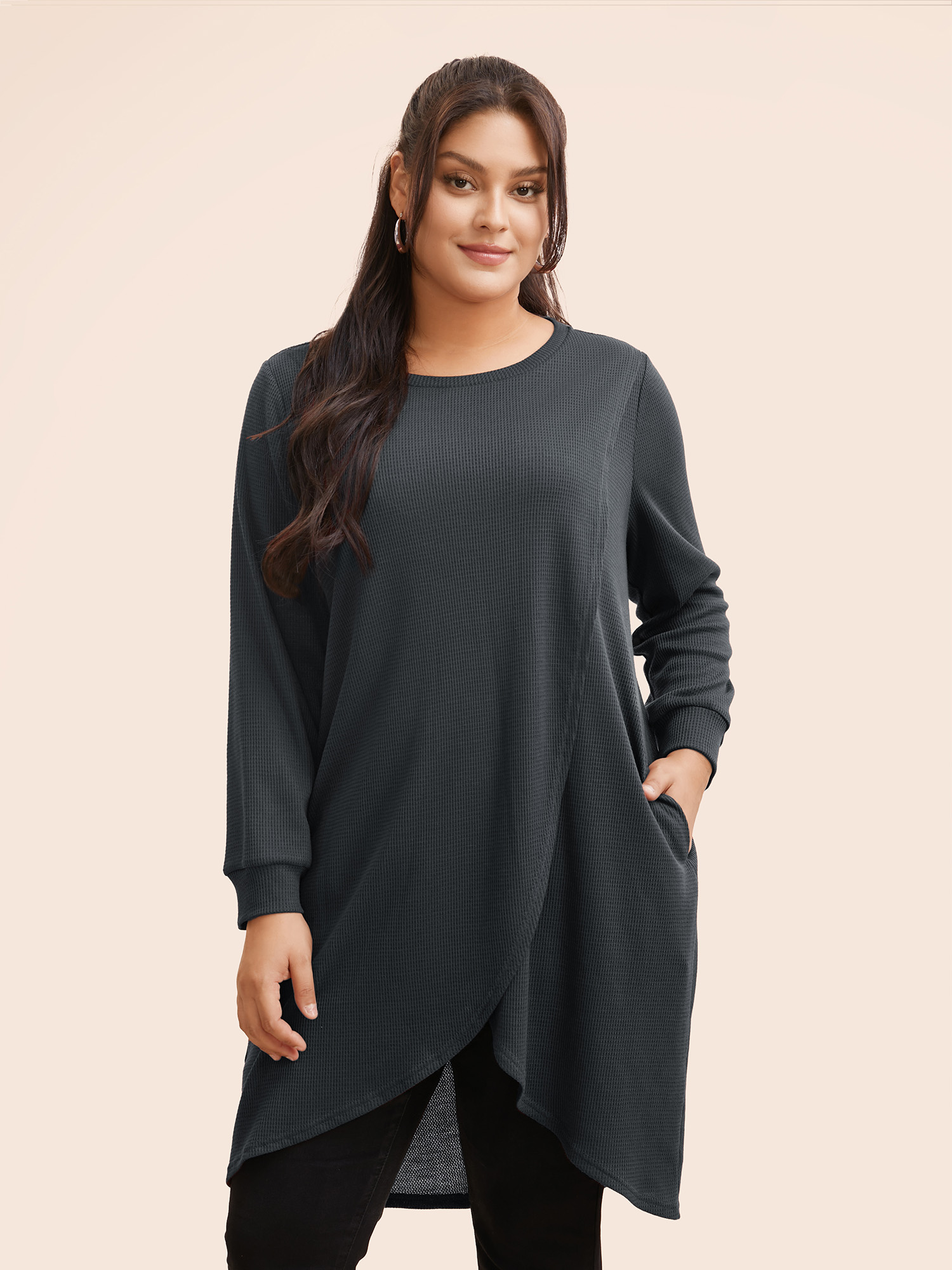 

Plus Size Solid Waffle Knit Overlap Hem T-shirt DimGray Women Casual Overlapping Round Neck Everyday T-shirts BloomChic