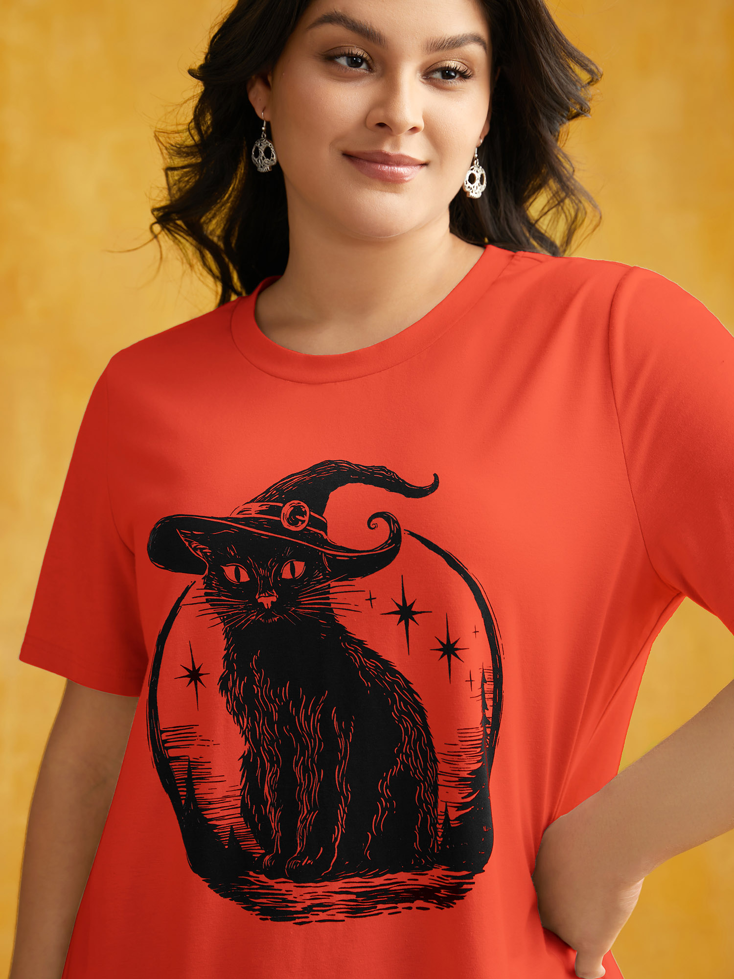 

Plus Size Bewitched Cat Printed Crew Neck T-shirt OrangeRed Women Casual Non Halloween Round Neck Everyday T-shirts BloomChic