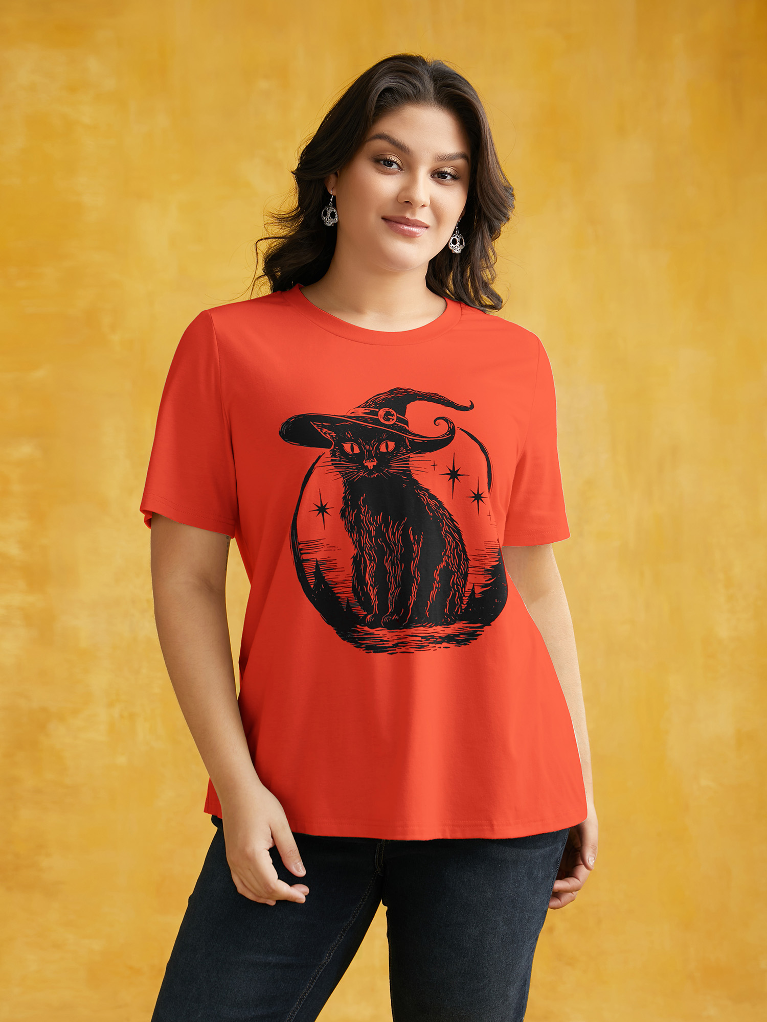 Plus Size Bewitched Cat Printed Crew Neck T-shirt OrangeRed Women Casual Non Halloween Round Neck Everyday T-shirts BloomChic 18-20/2X 