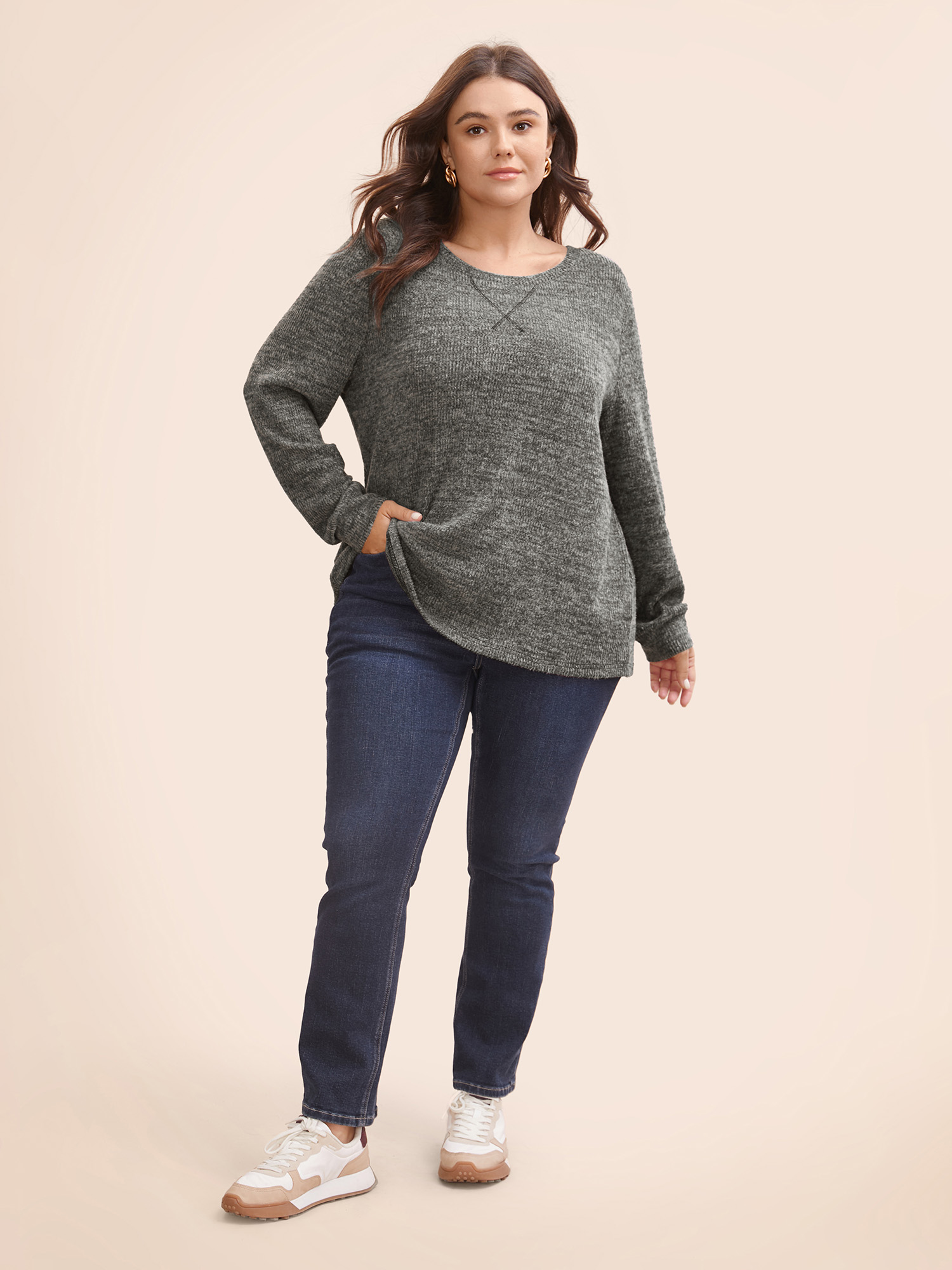 

Plus Size Solid Heather Round Neck Stitch Sweatshirt Women DimGray Casual Topstitching Round Neck Everyday Sweatshirts BloomChic