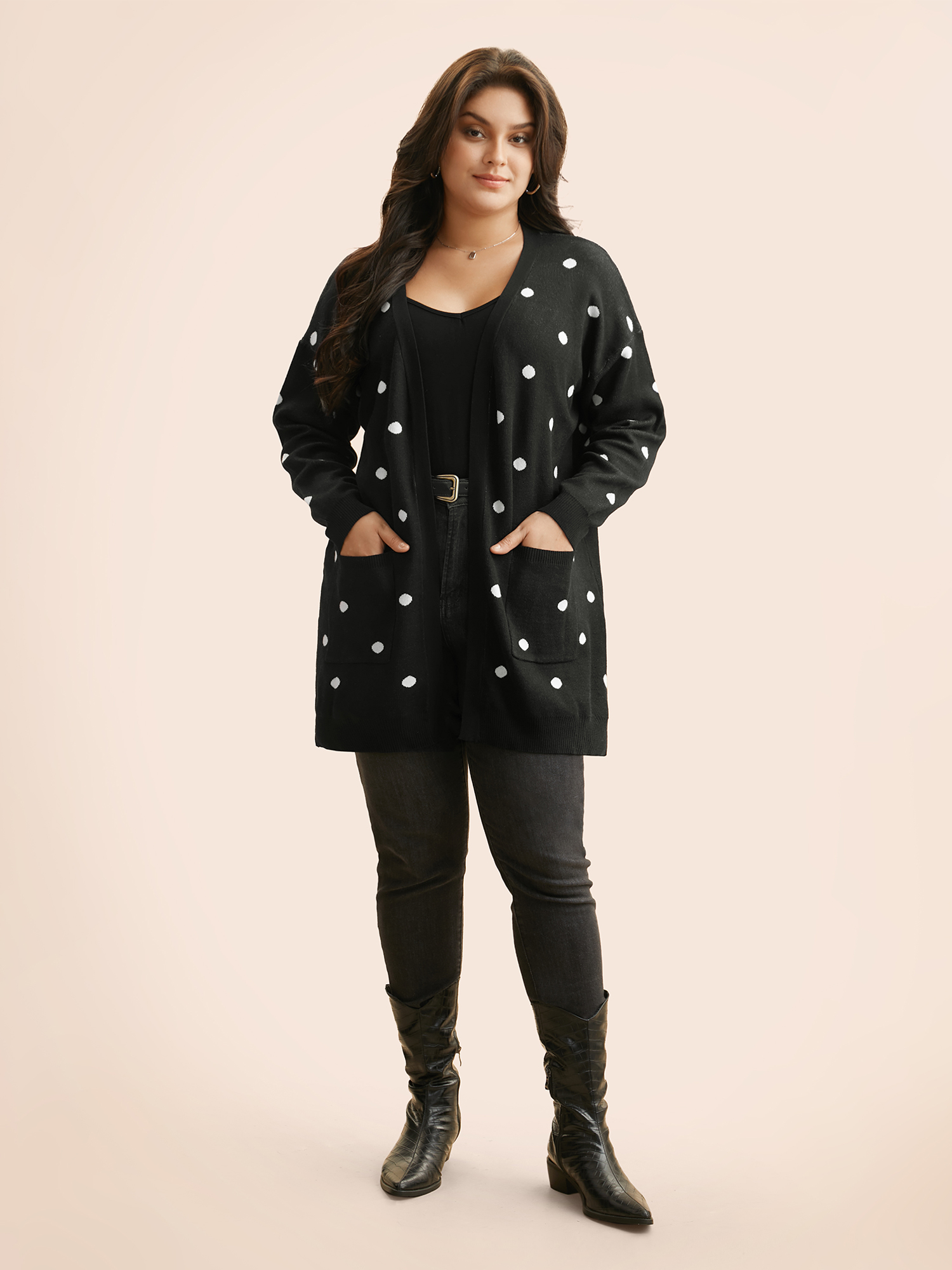 

Plus Size Polka Dot Kimono Collar Patch Pocket Cardigan Black Women Casual Loose Long Sleeve Everyday Cardigans BloomChic