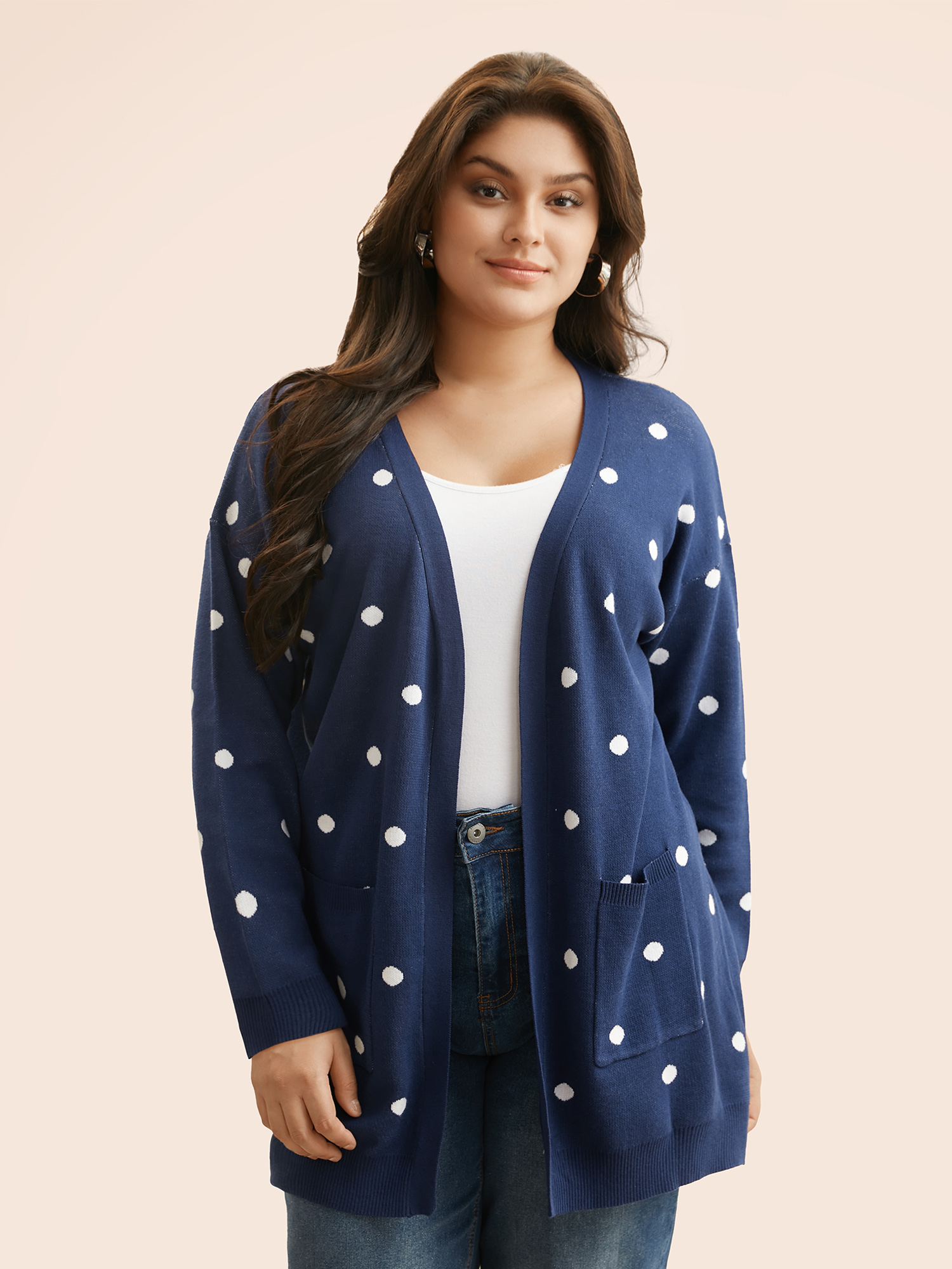 

Plus Size Polka Dot Kimono Collar Patch Pocket Cardigan Indigo Women Casual Loose Long Sleeve Everyday Cardigans BloomChic