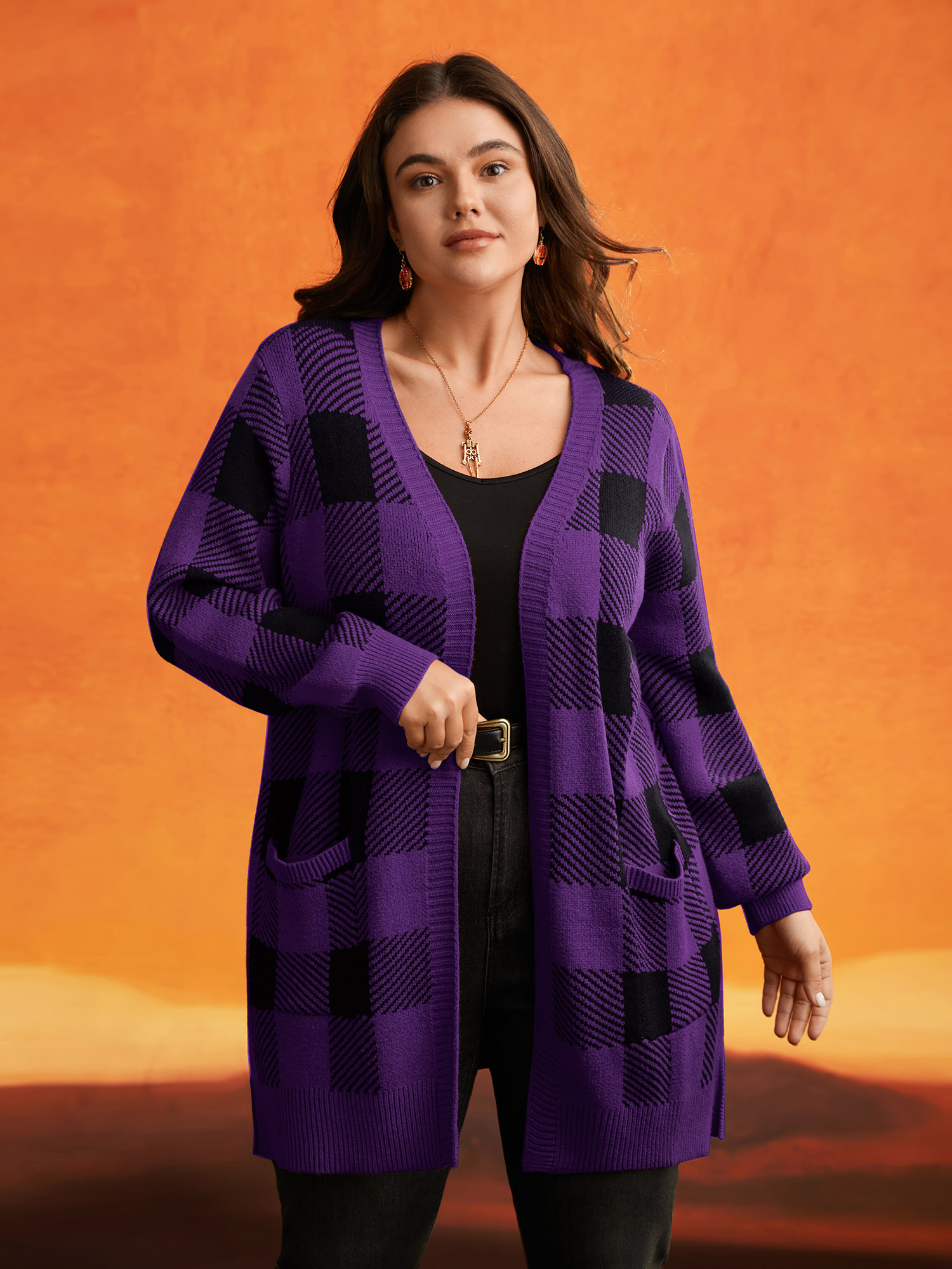 

Plus Size Supersoft Essentials Halloween Plaid Open Cardigan Deeppurple Women Casual Loose Long Sleeve Everyday Cardigans BloomChic