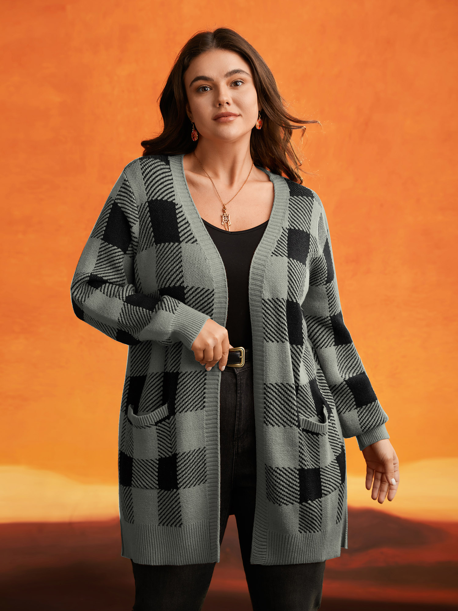 

Plus Size Supersoft Essentials Halloween Plaid Open Cardigan DarkGray Women Casual Loose Long Sleeve Everyday Cardigans BloomChic