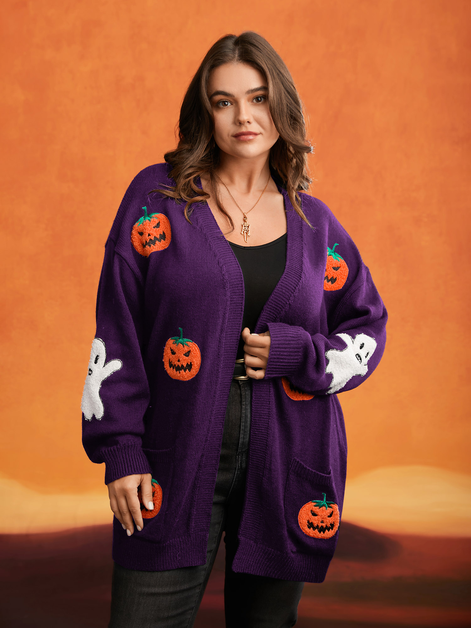 

Plus Size Pumpkin Ghost Embroidery Open Cardigan Deeppurple Women Casual Loose Long Sleeve Everyday Cardigans BloomChic