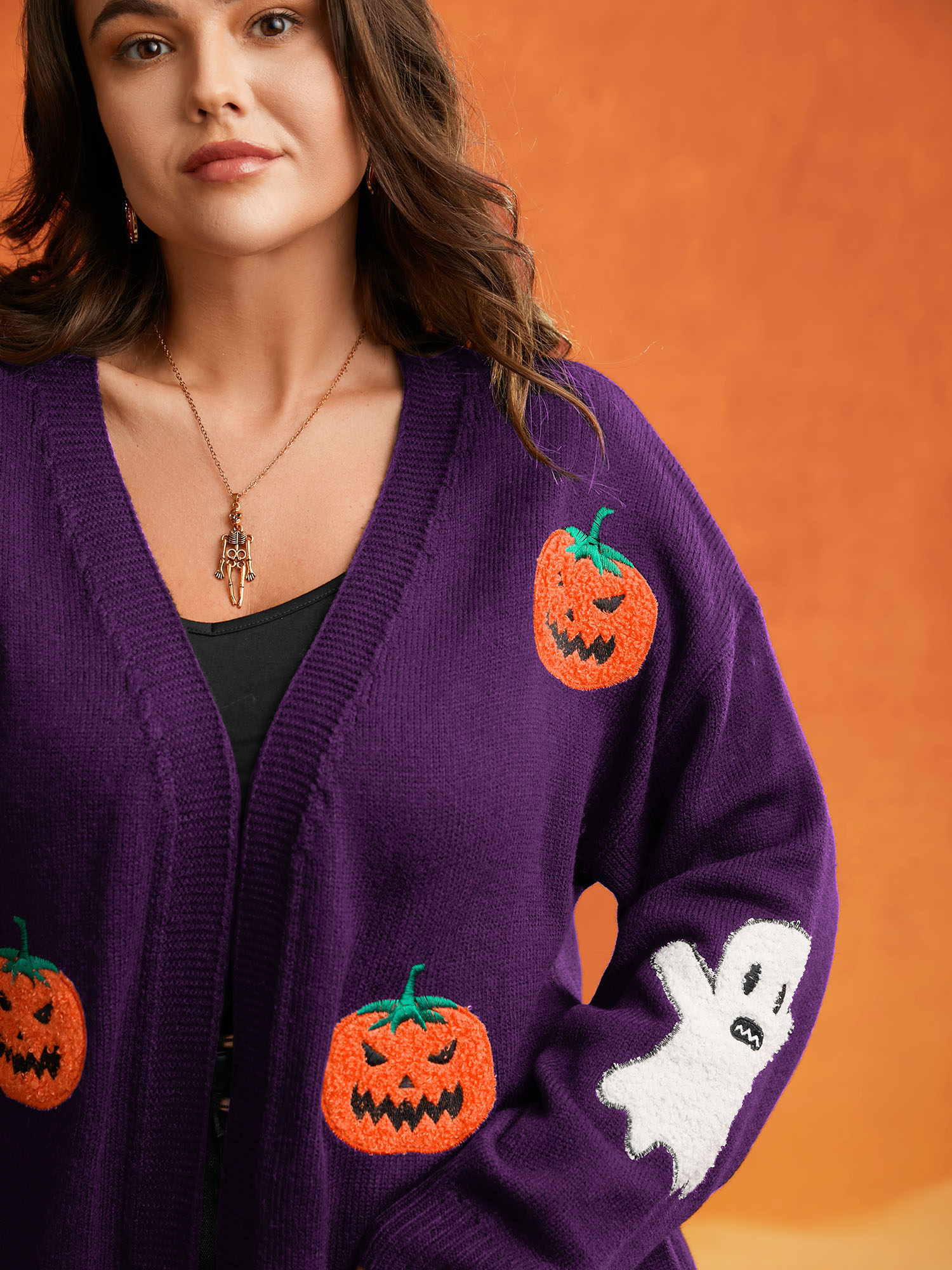 

Plus Size Pumpkin Ghost Embroidery Open Cardigan Deeppurple Women Casual Loose Long Sleeve Everyday Cardigans BloomChic