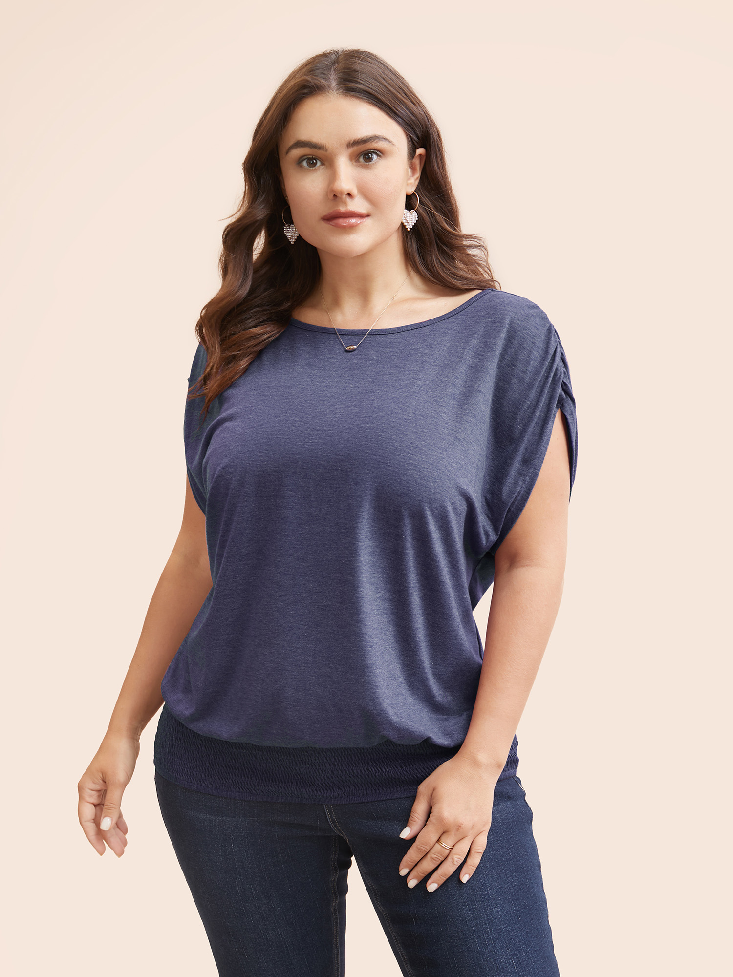 Plus Size Solid Ruched Batwing Sleeve Shirred Hem T-shirt Indigo Women Elegant Ruched Plain Boat Neck Everyday T-shirts BloomChic 18-20/2X 