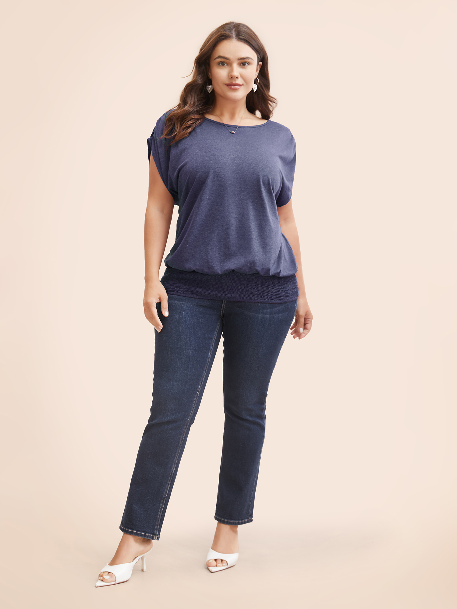 

Plus Size Solid Ruched Batwing Sleeve Shirred Hem T-shirt Indigo Women Elegant Ruched Plain Boat Neck Everyday T-shirts BloomChic