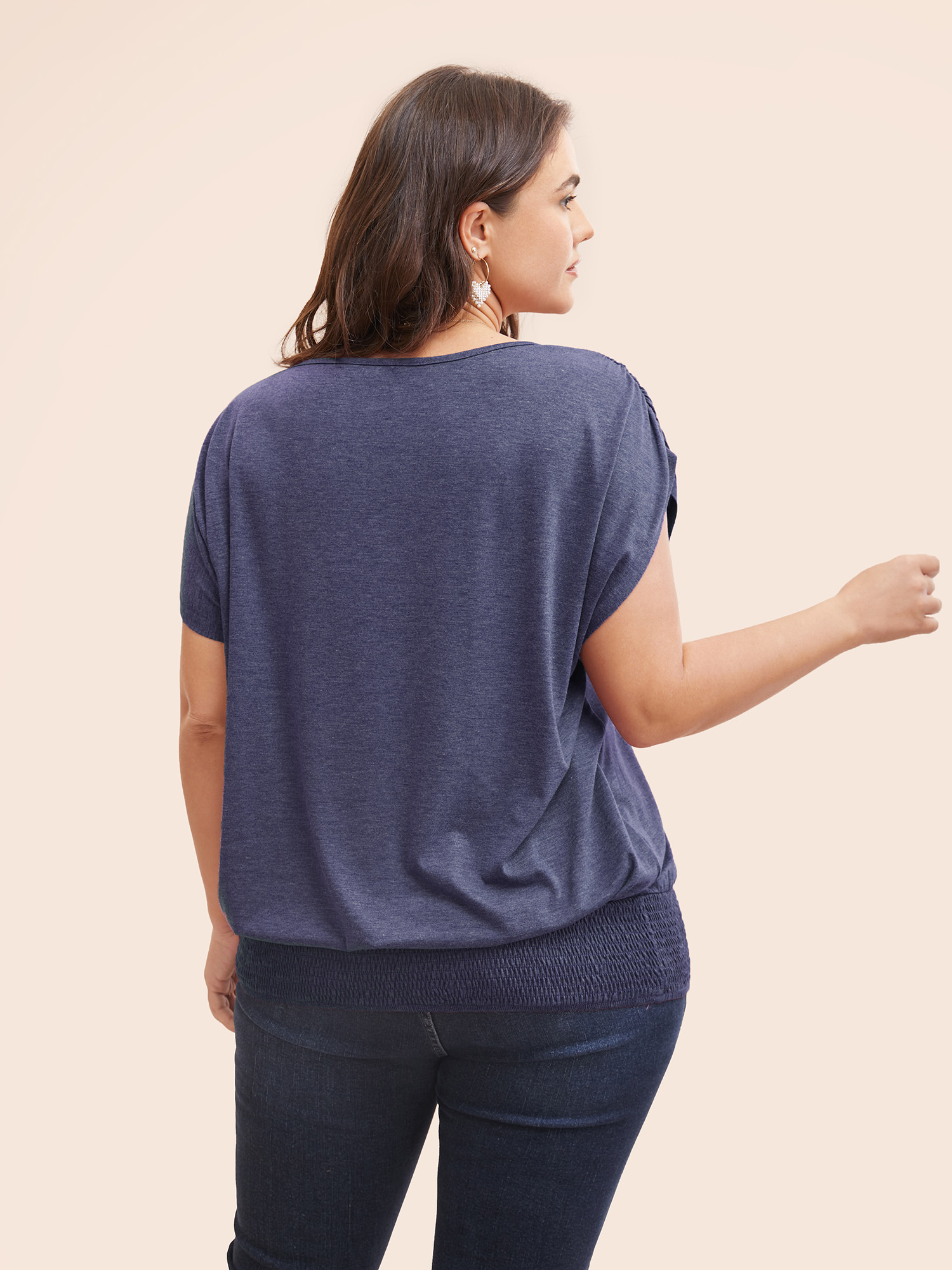 Plus Size Solid Ruched Batwing Sleeve Shirred Hem T-shirt Indigo Women Elegant Ruched Plain Boat Neck Everyday T-shirts BloomChic 18-20/2X 