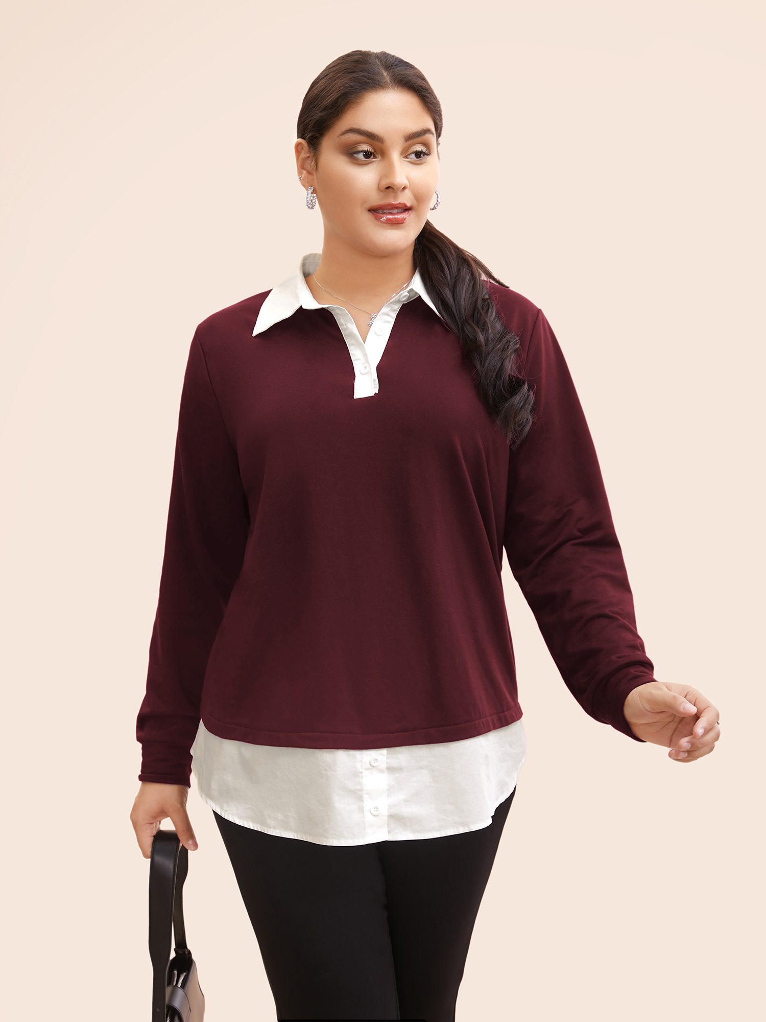 

Plus Size 2-In-1 Shirt Collar Contrast Patchwork Sweatshirt Women Burgundy Work From Home Contrast Shirt collar Work Sweatshirts BloomChic