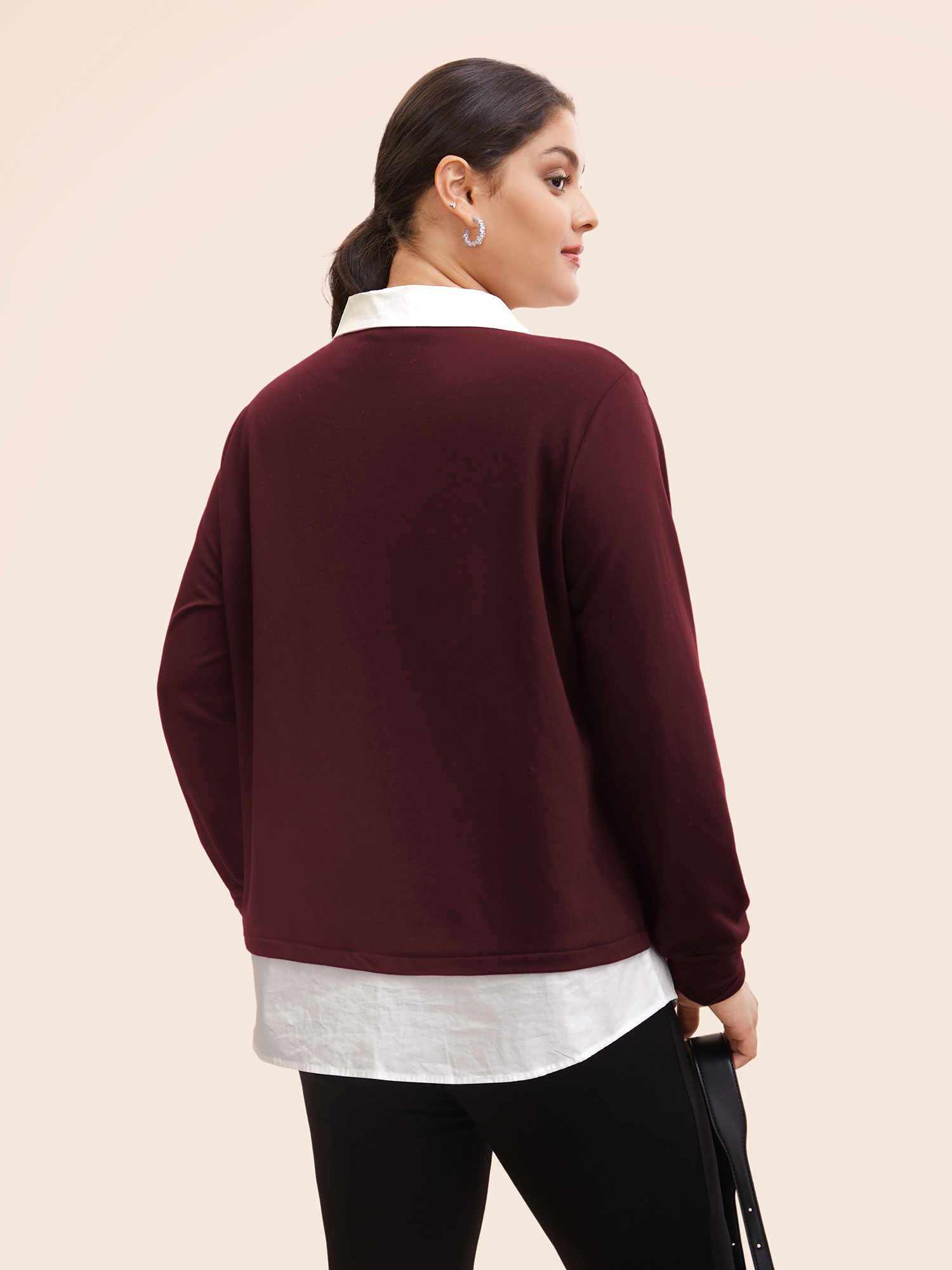 

Plus Size 2-In-1 Shirt Collar Contrast Patchwork Sweatshirt Women Burgundy Work From Home Contrast Shirt collar Work Sweatshirts BloomChic