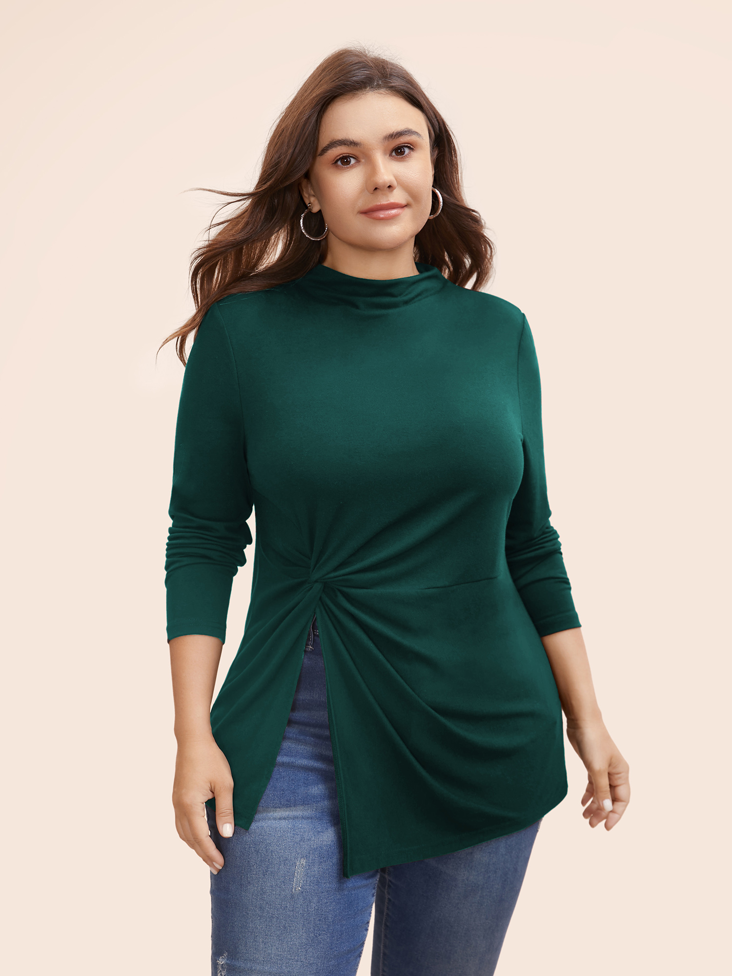 

Plus Size Supersoft Essentials Twist Front Split Hem T-shirt DarkGreen Women Casual Tie knot Mock Neck Skinny Everyday T-shirts BloomChic