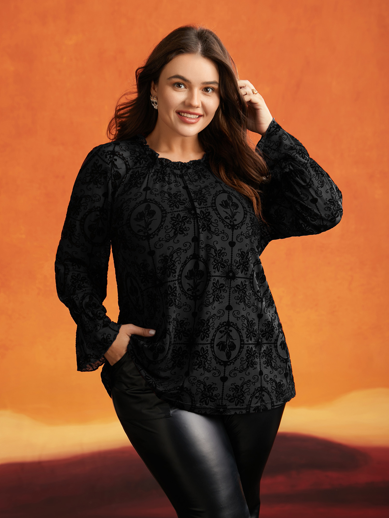 

Plus Size Elastic Flocked Mesh Blouse Black Women Elegant Gathered Stand-up collar Everyday T-shirts BloomChic