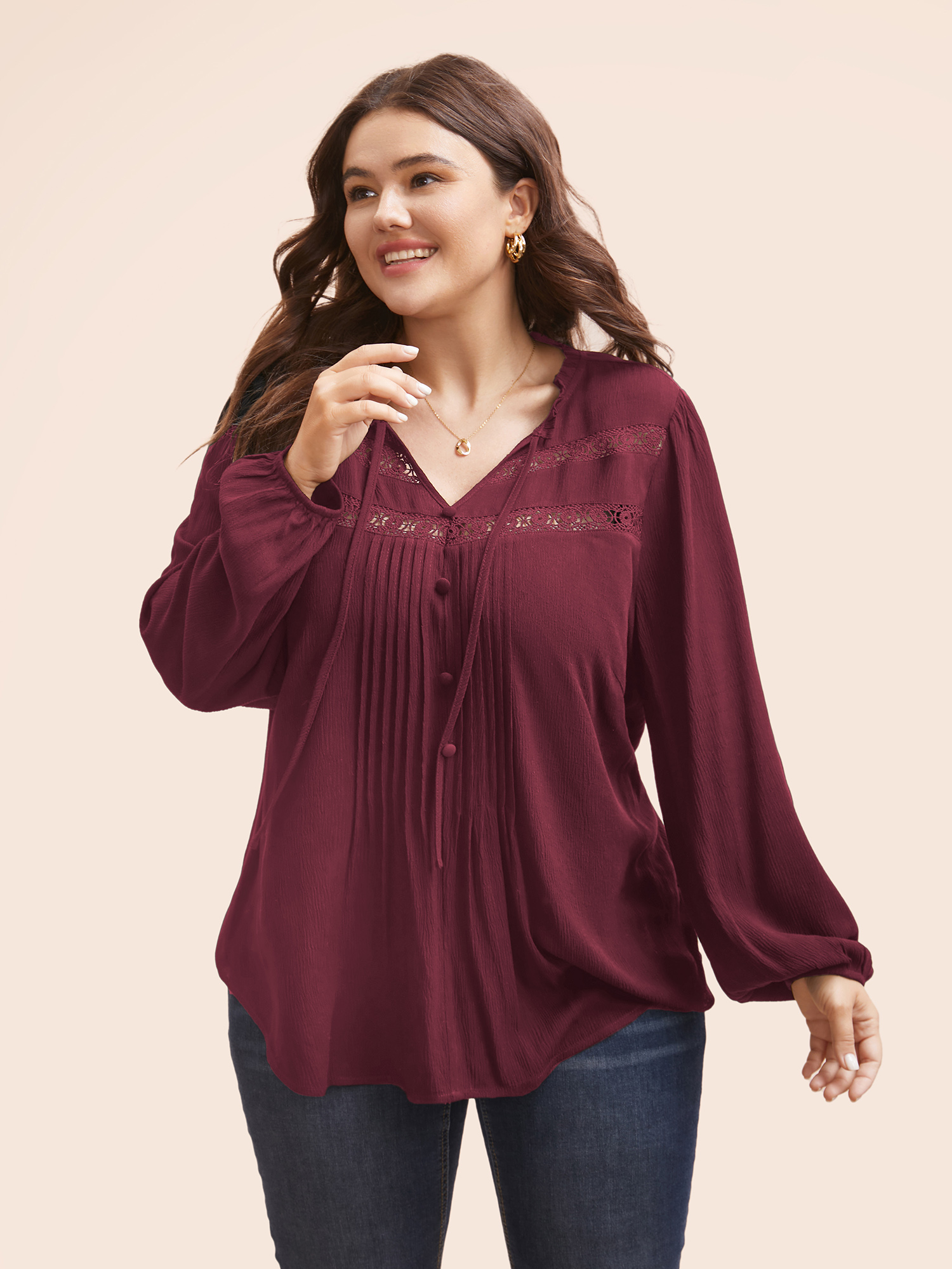 

Plus Size Burgundy Lace Patchwork Pleated Ruffles Blouse Women Elegant Long Sleeve V-neck Everyday Blouses BloomChic