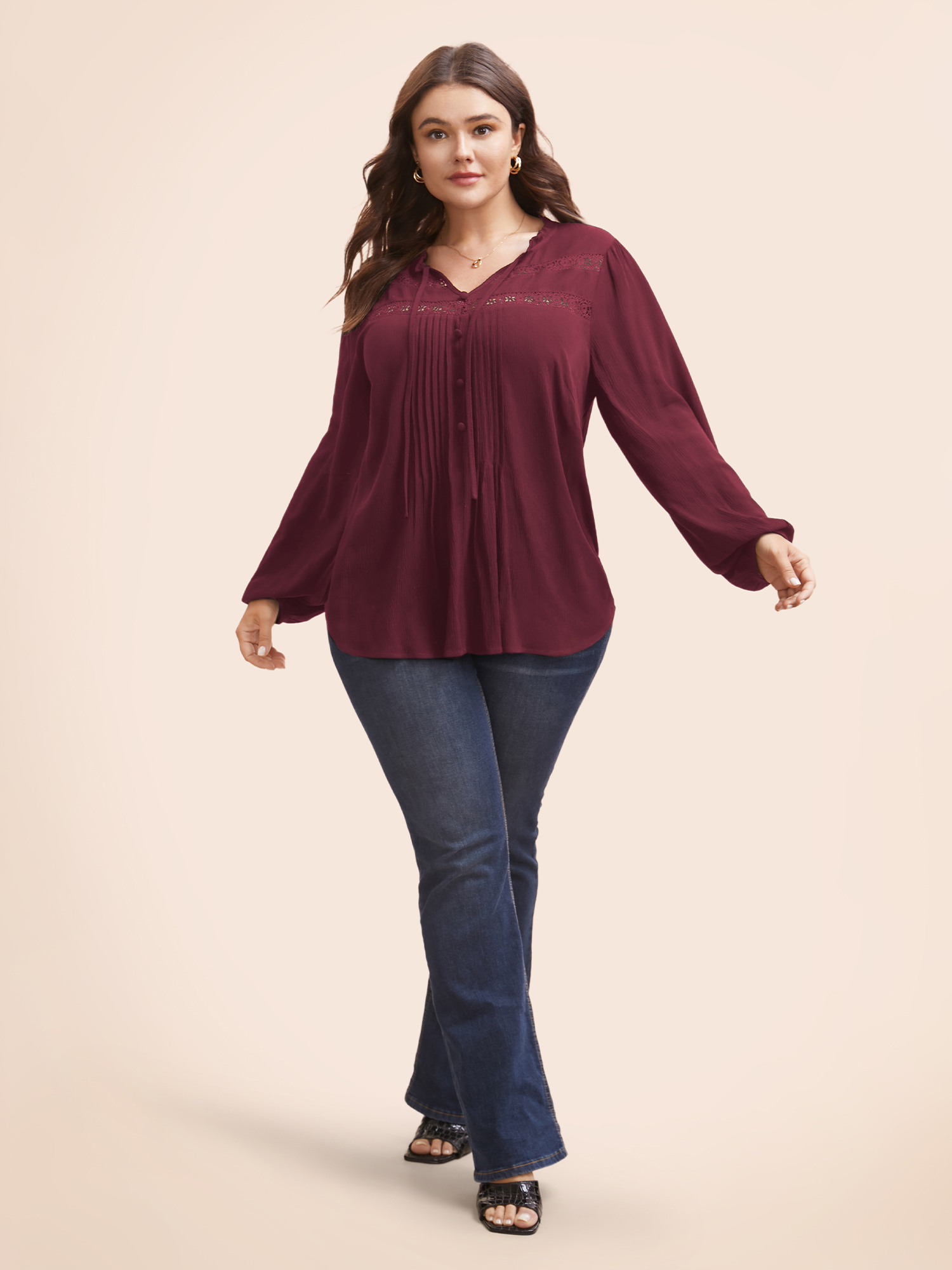 Plus Size Burgundy Lace Patchwork Pleated Ruffles Blouse Women Elegant Long Sleeve V-neck Everyday Blouses BloomChic 10/M 