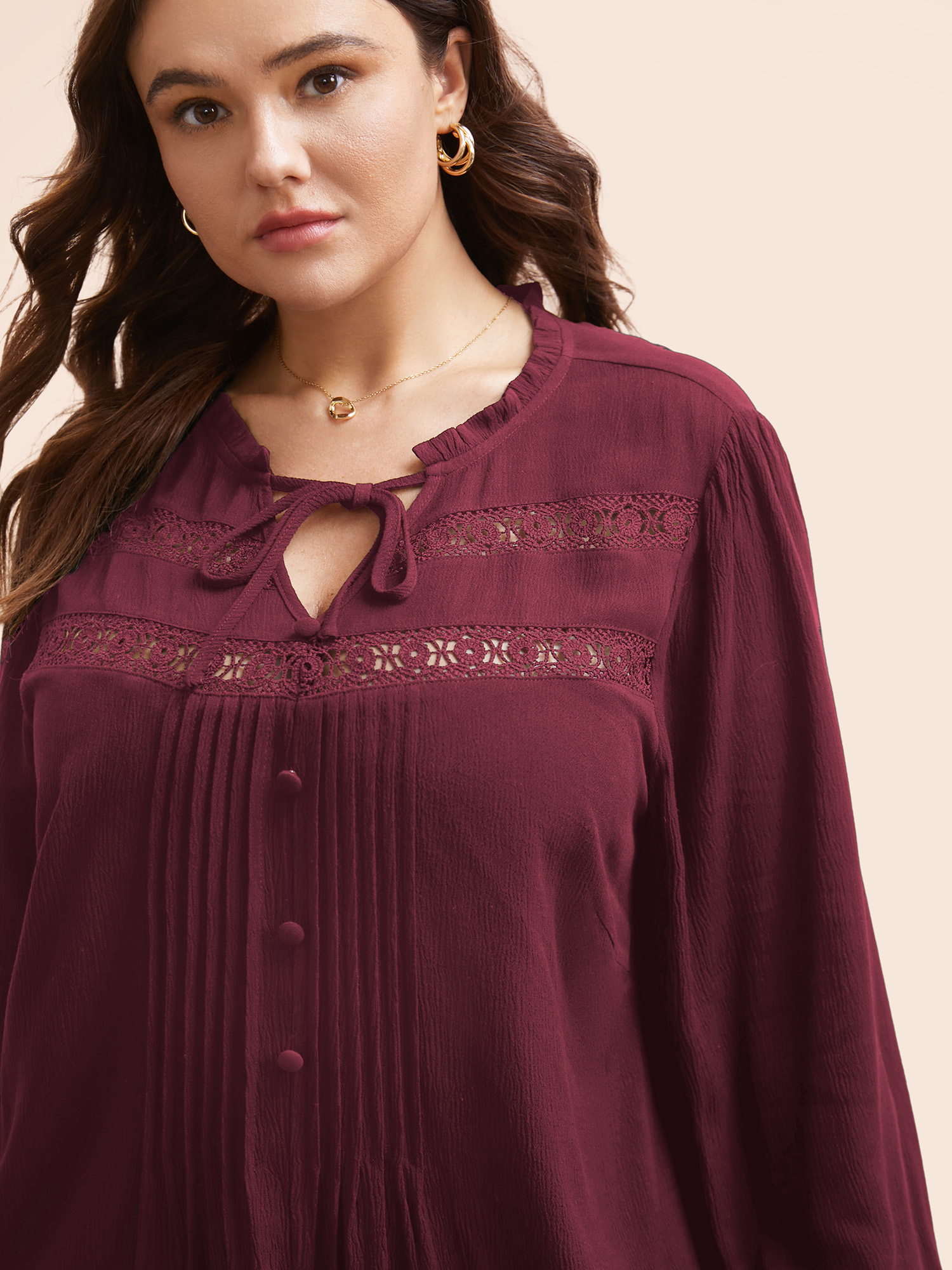Plus Size Burgundy Lace Patchwork Pleated Ruffles Blouse Women Elegant Long Sleeve V-neck Everyday Blouses BloomChic 10/M 