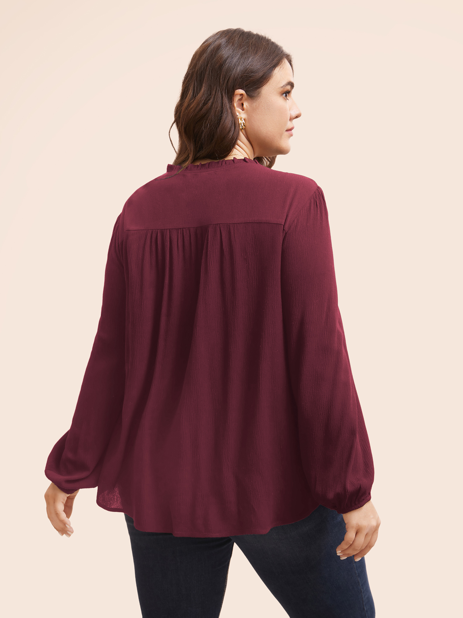 

Plus Size Burgundy Lace Patchwork Pleated Ruffles Blouse Women Elegant Long Sleeve V-neck Everyday Blouses BloomChic