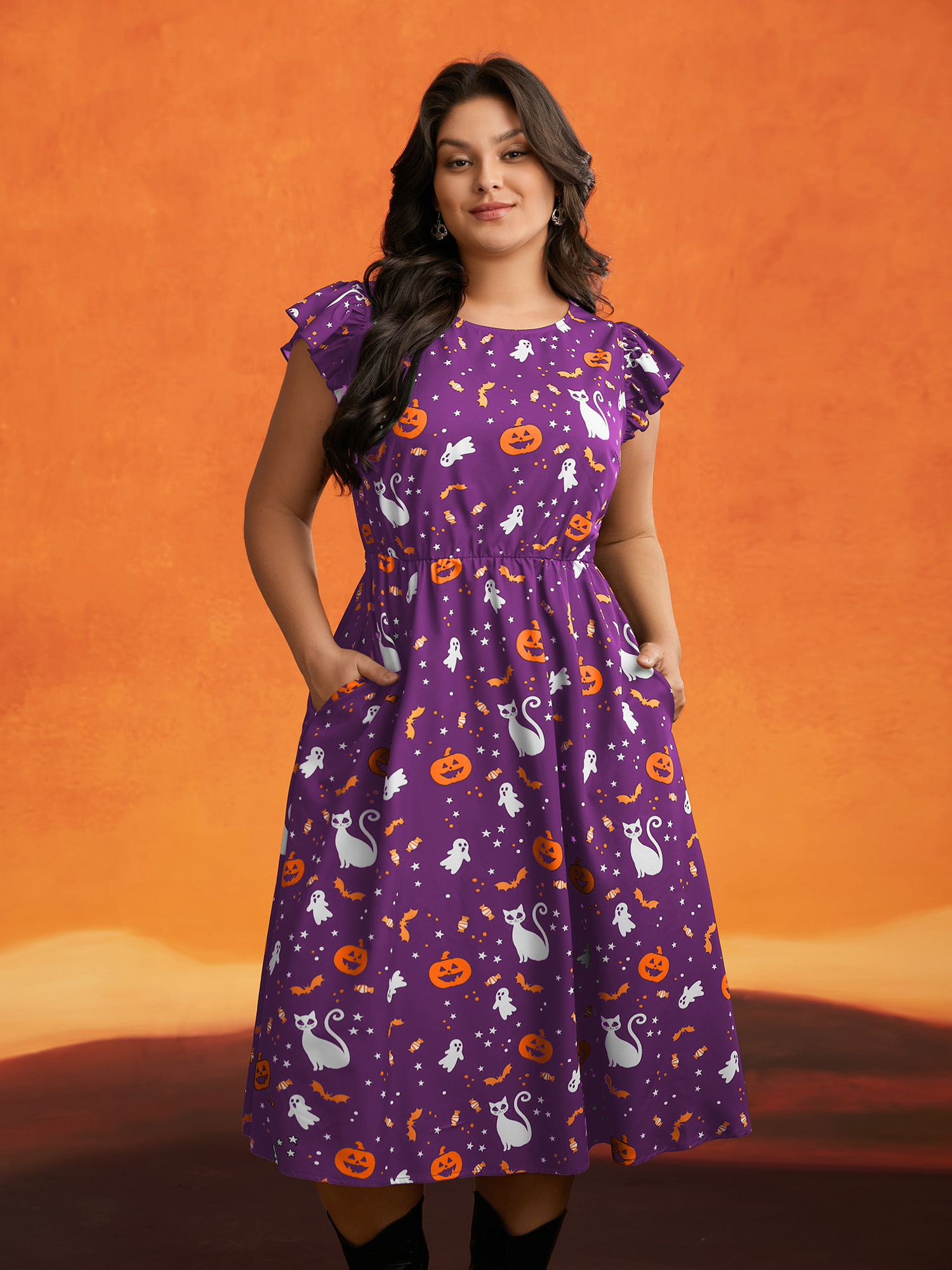 

Pumpkin Printed Ruffle Sleeves Midi Dress, Deeppurplered