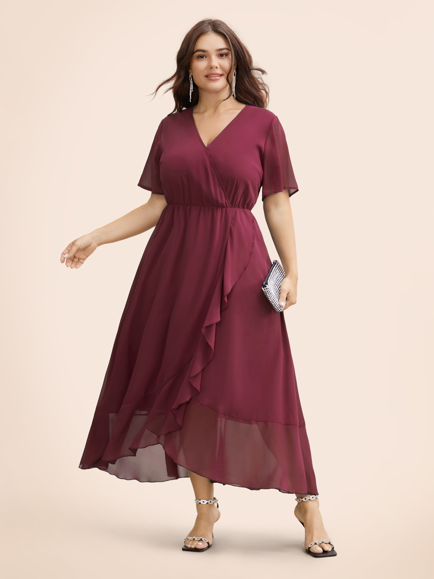 

Plus Size Chiffon Overlap Collar Ruffle Sleeve Dress Burgundy Women Formal See through Overlap Collar Short sleeve Curvy BloomChic