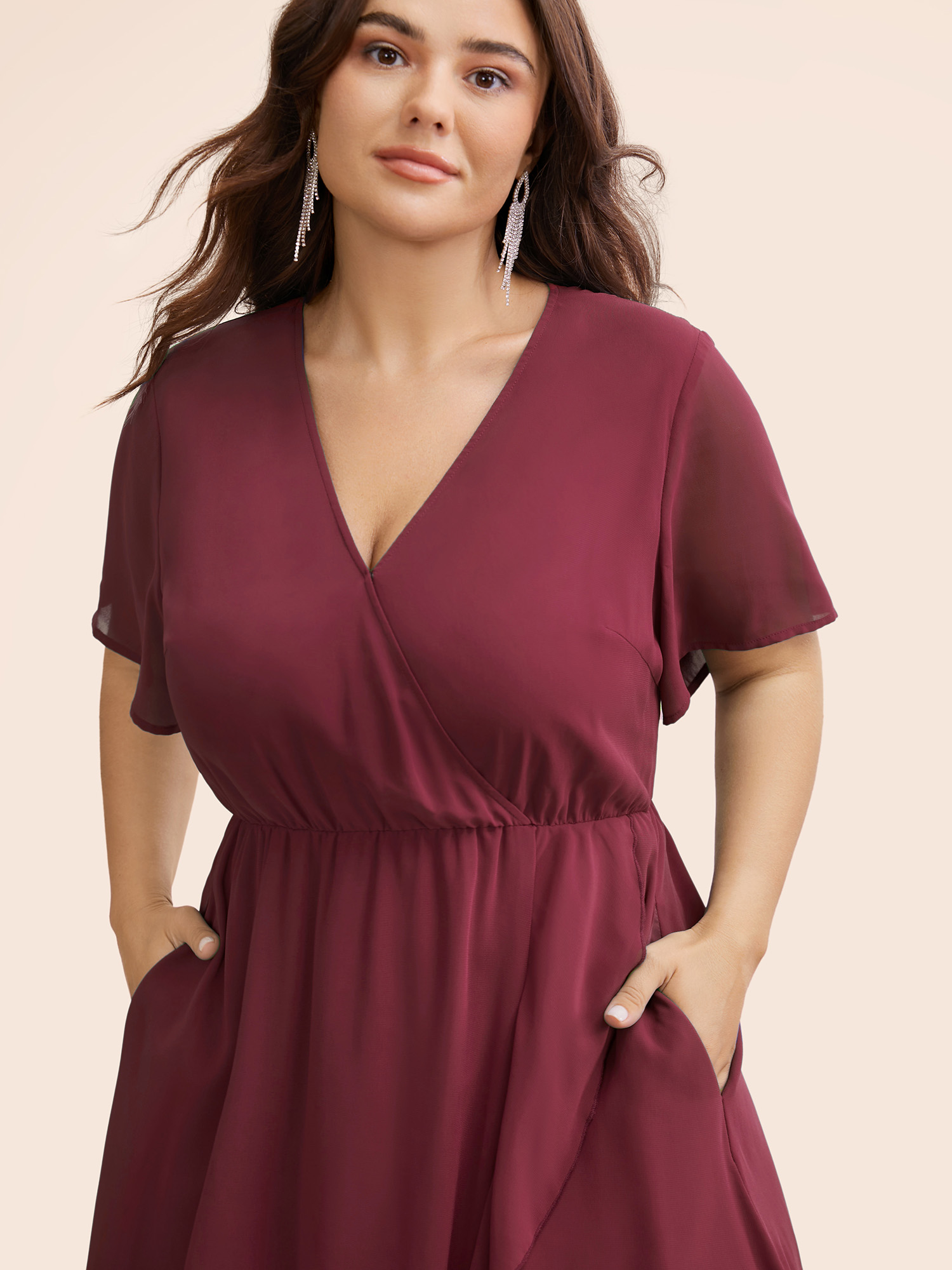 

Plus Size Chiffon Overlap Collar Ruffle Sleeve Dress Burgundy Women Formal See through Overlap Collar Short sleeve Curvy BloomChic