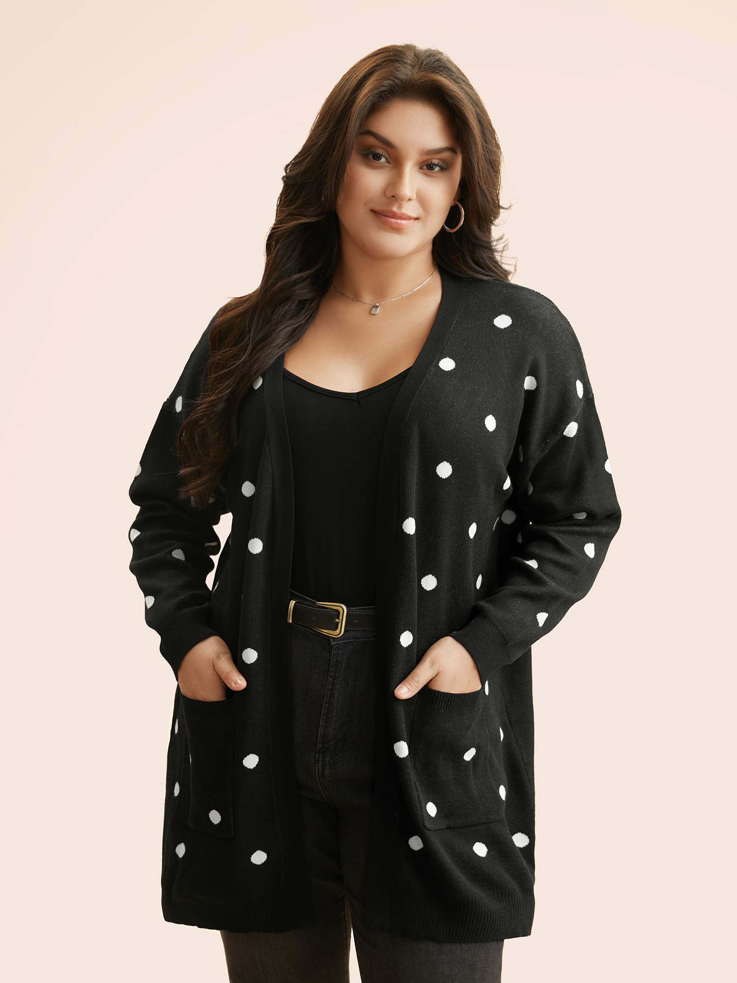 

Plus Size Polka Dot Kimono Collar Patch Pocket Cardigan Black Women Casual Loose Long Sleeve Everyday Cardigans BloomChic