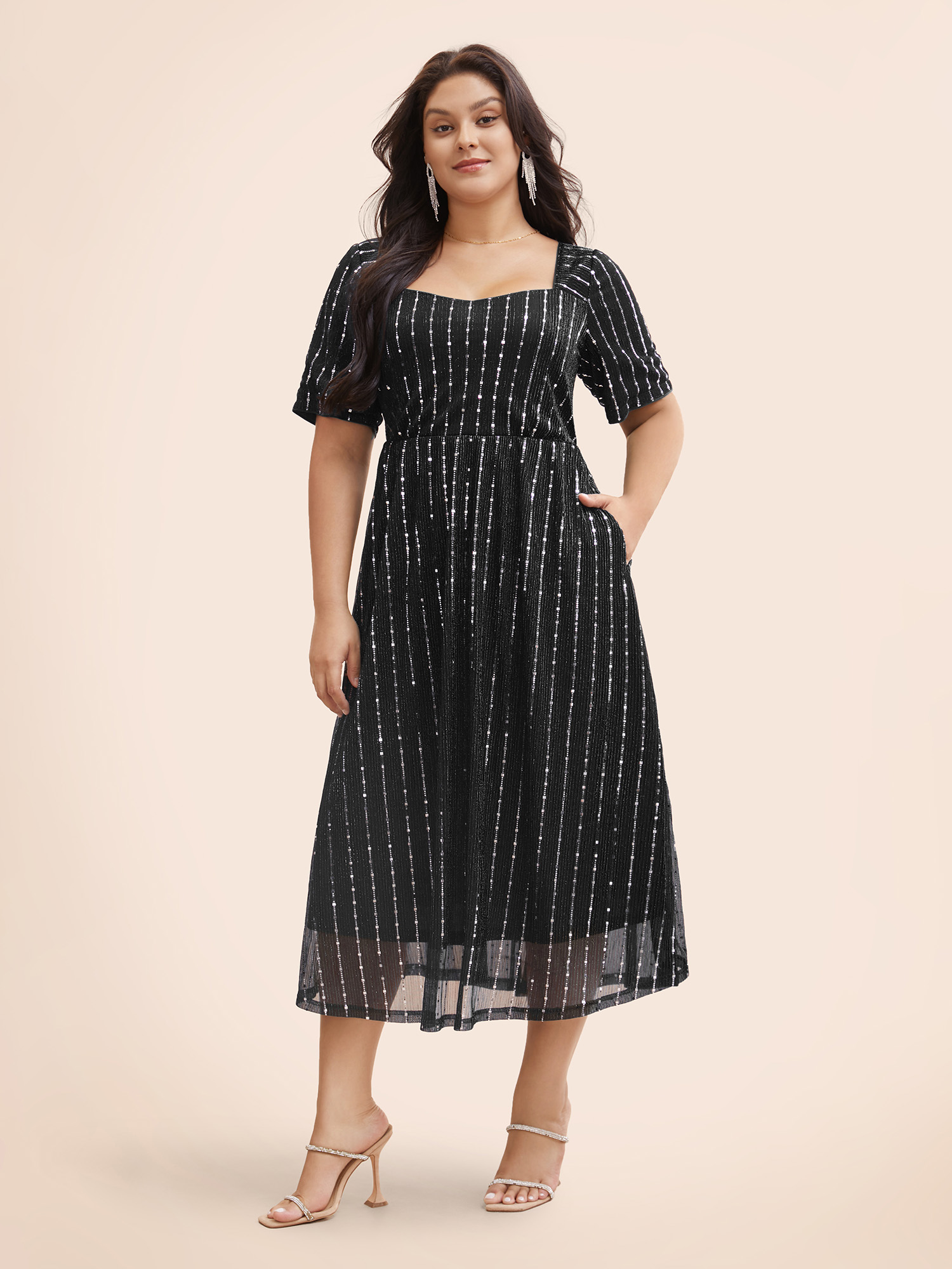 

Plus Size Heart Neckline Striped Glitter Textured Dress Pureblack Women Cocktail Texture Heart neckline Short sleeve Curvy BloomChic