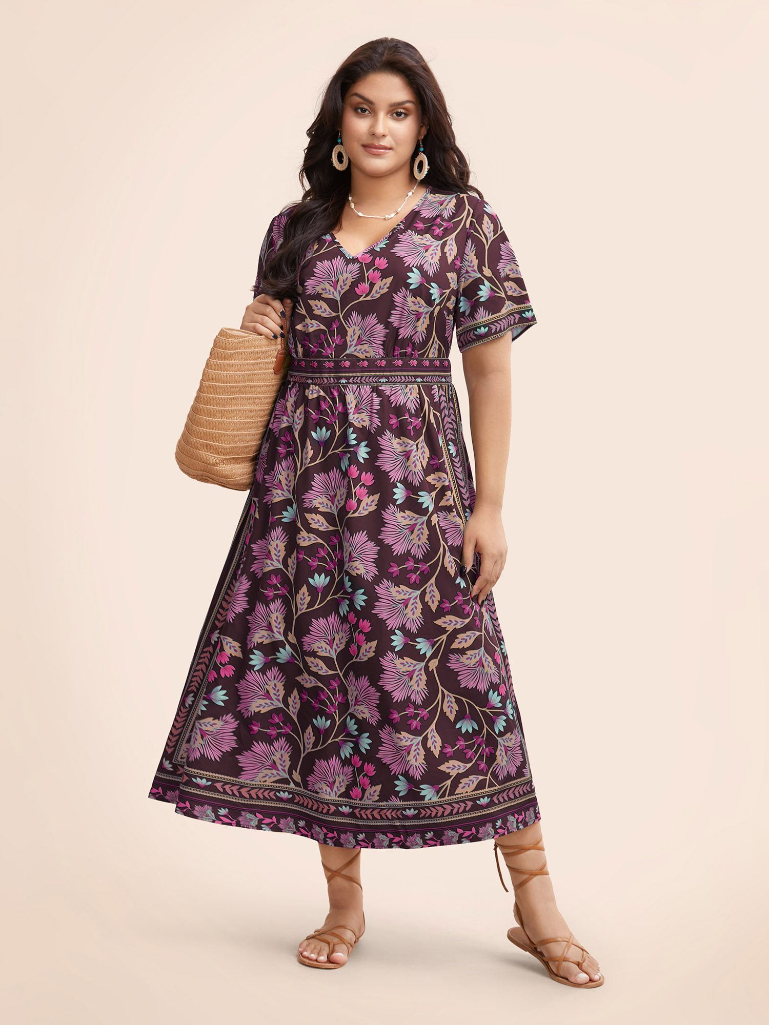 

Plus Size Boho Print Shirred Pocket Midi Dress Deeppurplered Women Resort Shirred V-neck Short sleeve Curvy BloomChic