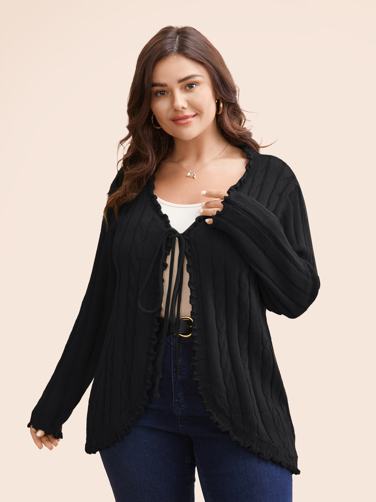 

Plus Size Cable Knit Tie Knot Frill Trim Cardigan Black Women Casual Loose Long Sleeve Everyday Cardigans BloomChic