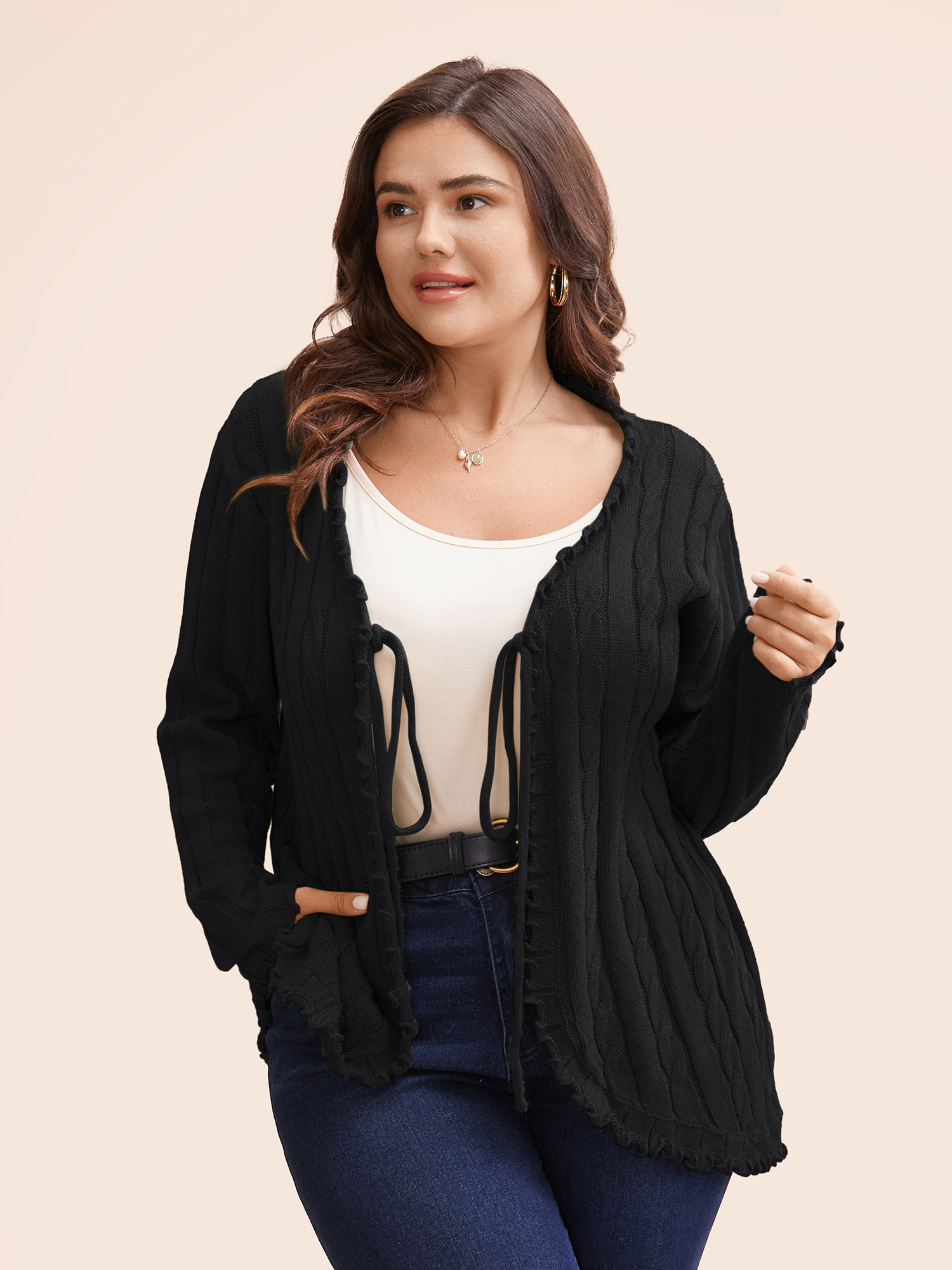 

Plus Size Cable Knit Tie Knot Frill Trim Cardigan Black Women Casual Loose Long Sleeve Everyday Cardigans BloomChic