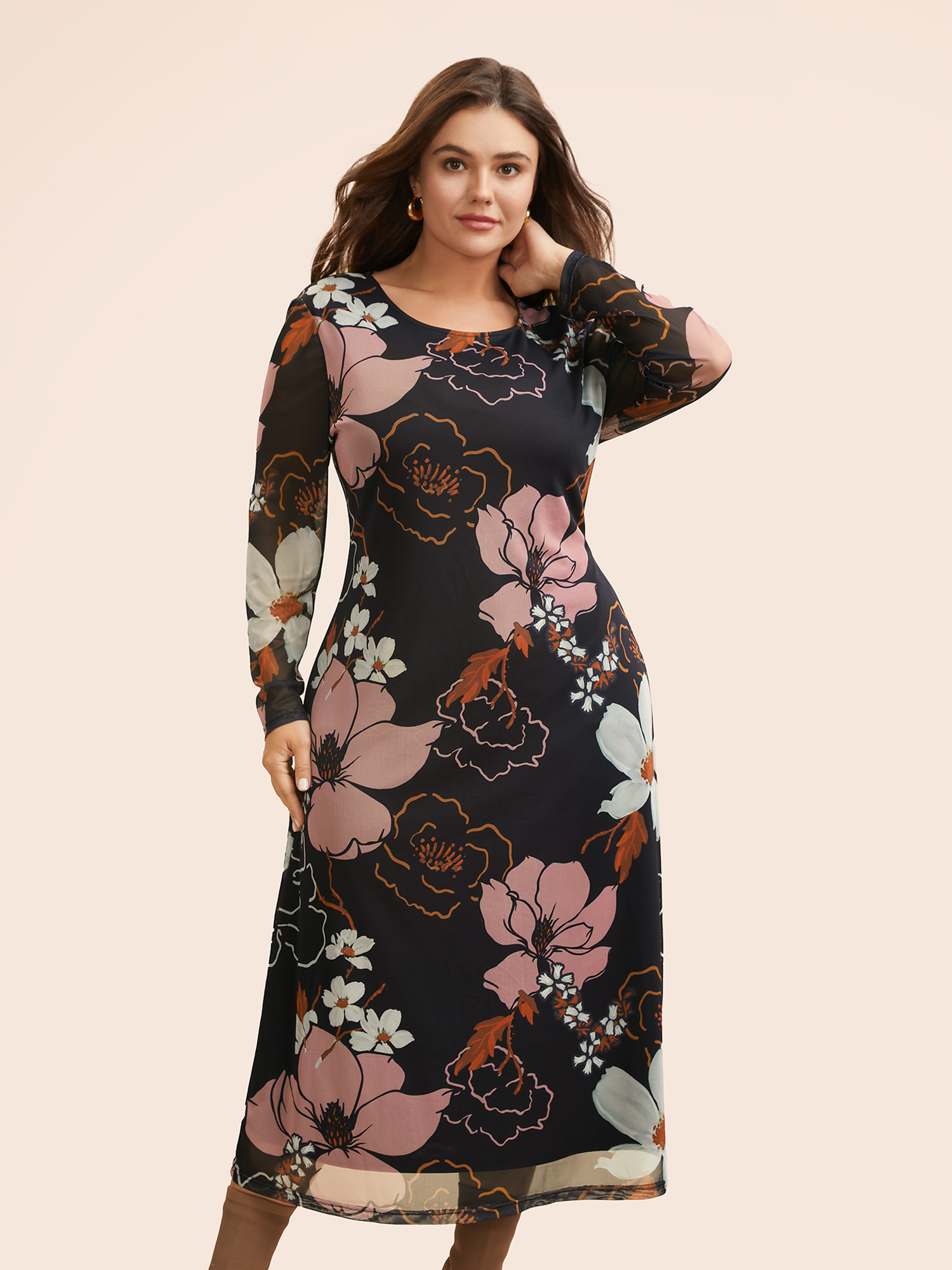 

Plus Size Crew Neck Floral Mesh Dress Black Women Elegant See through Round Neck Long Sleeve Curvy BloomChic