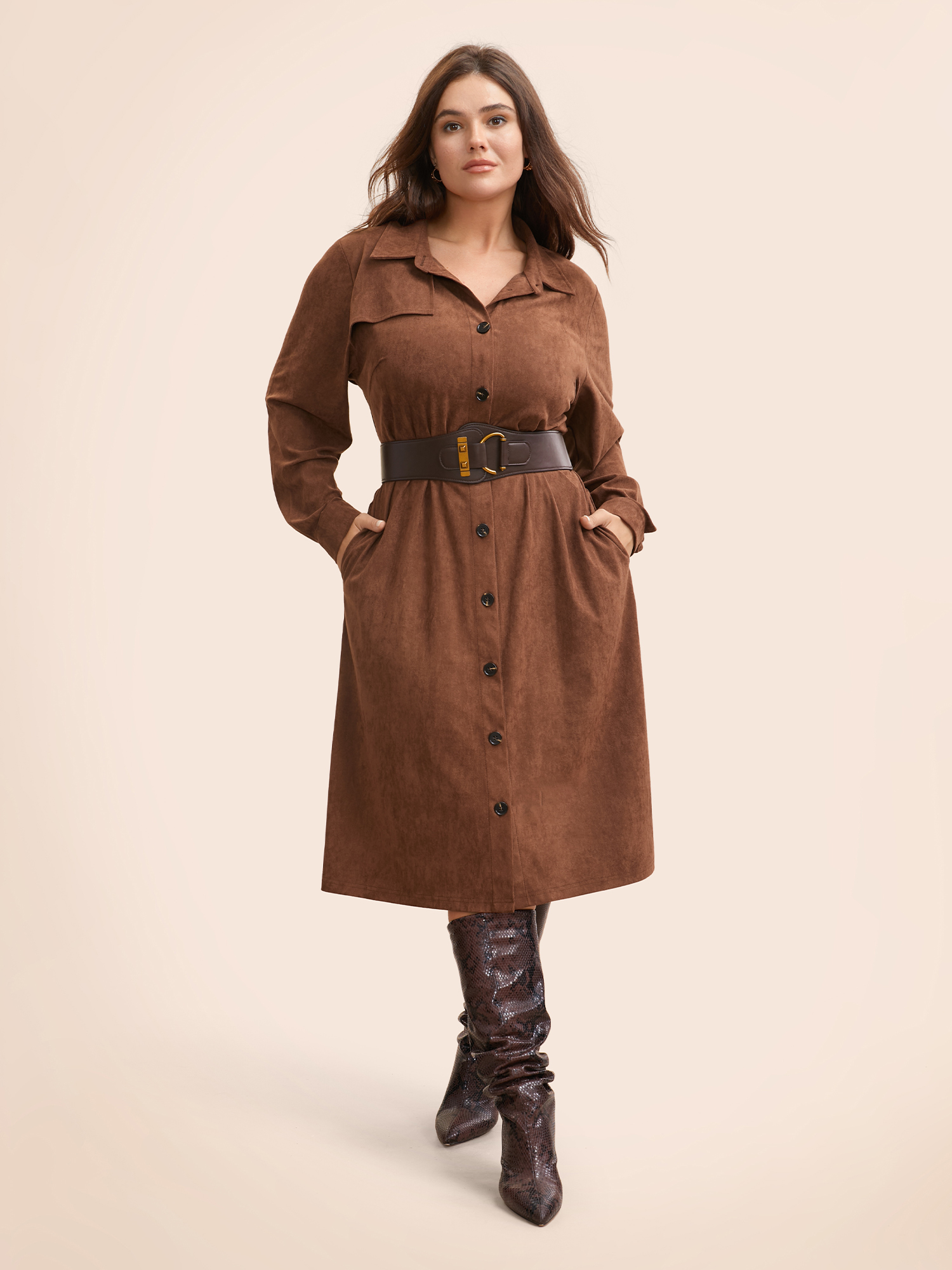 

Plus Size Faux Suede Shirt Collar Midi Dress Browncoffeecolor Women Elegant Texture Shirt collar Long Sleeve Curvy BloomChic