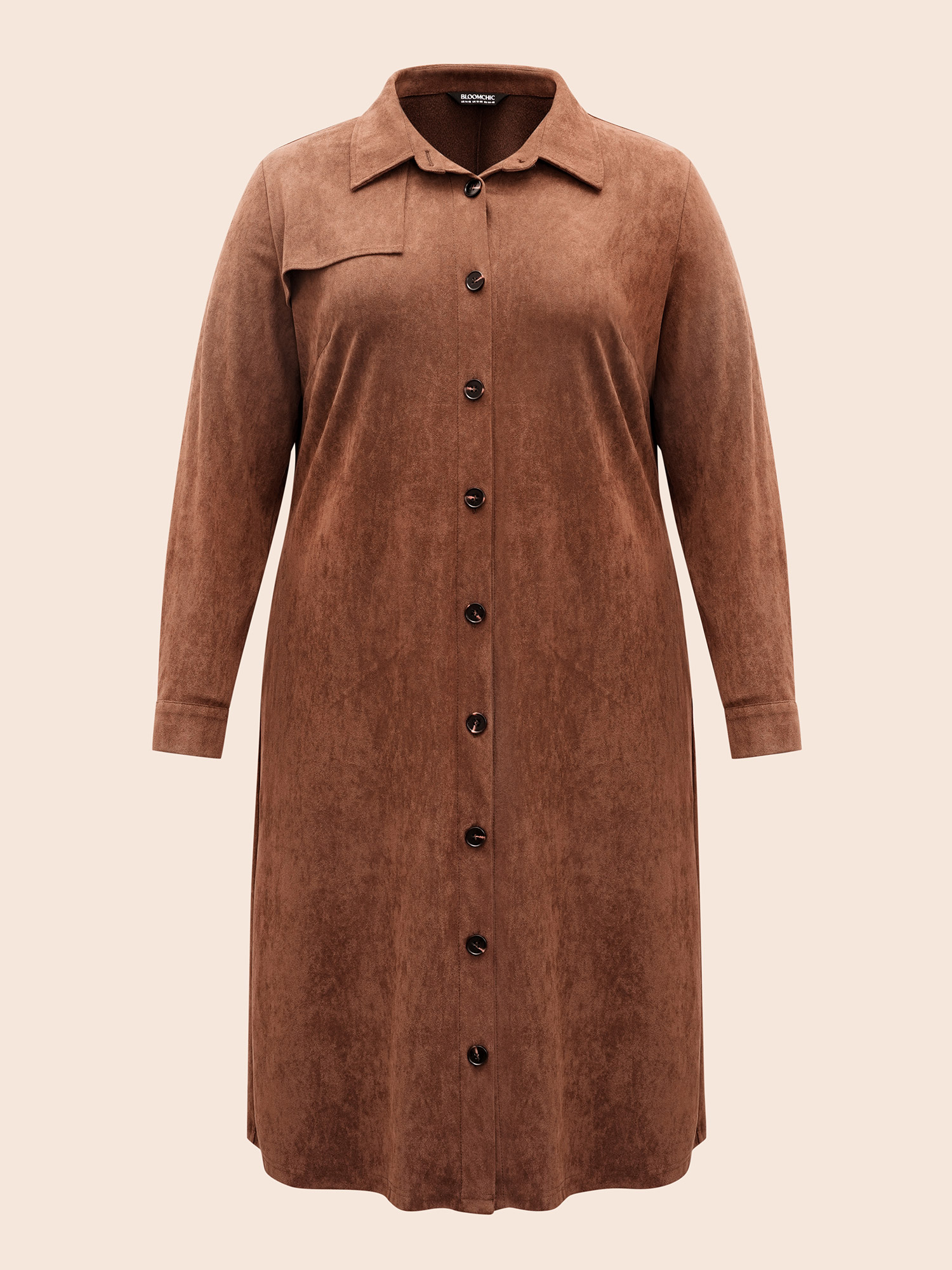

Plus Size Faux Suede Shirt Collar Midi Dress Browncoffeecolor Women Elegant Texture Shirt collar Long Sleeve Curvy BloomChic