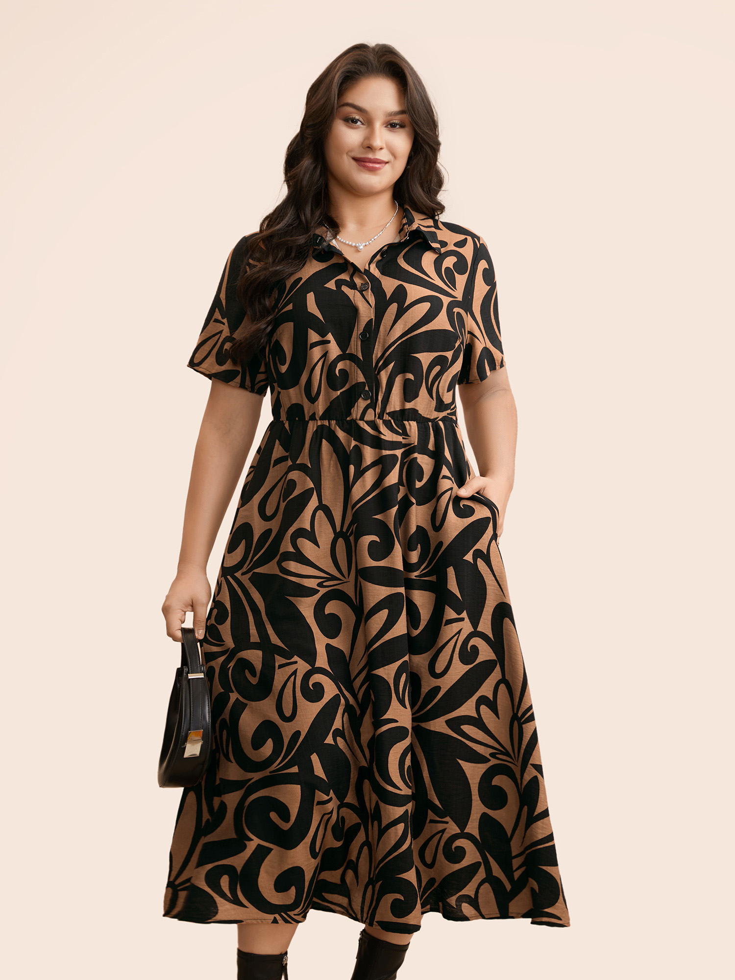 

Plus Size Boho Print Shirt Collar Midi Dress Yellowishbrown Women At the Office Button Shirt collar Short sleeve Curvy BloomChic