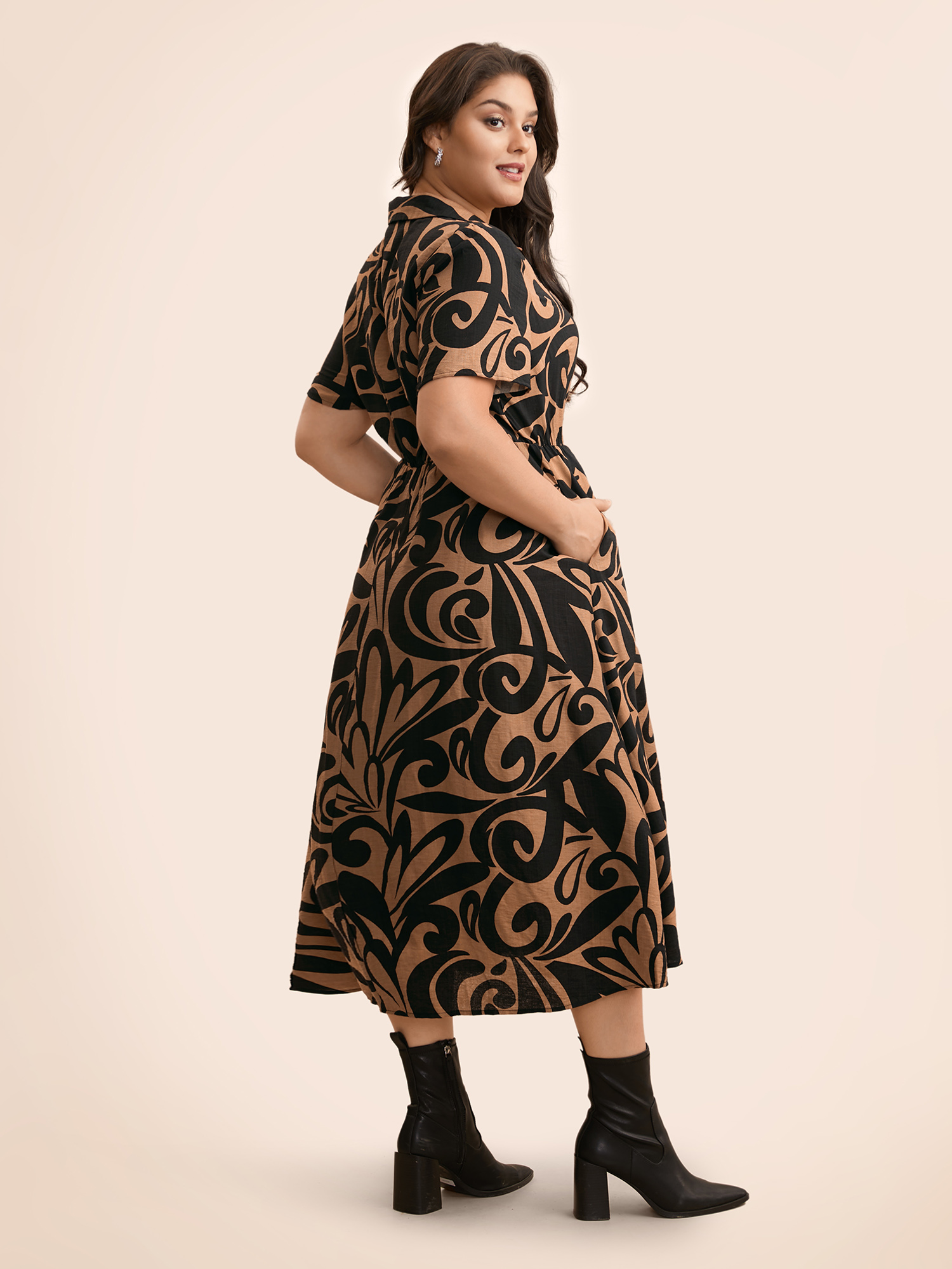 

Plus Size Boho Print Shirt Collar Midi Dress Yellowishbrown Women At the Office Button Shirt collar Short sleeve Curvy BloomChic