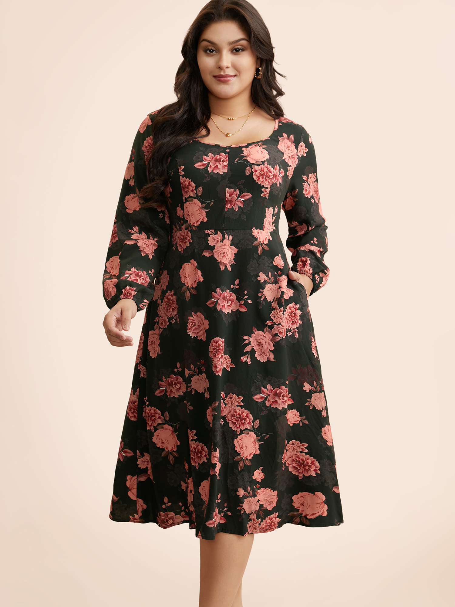 

Plus Size Floral Lantern Sleeve Shirred Pocket Dress Black Women Elegant Shirred Boat Neck Long Sleeve Curvy BloomChic