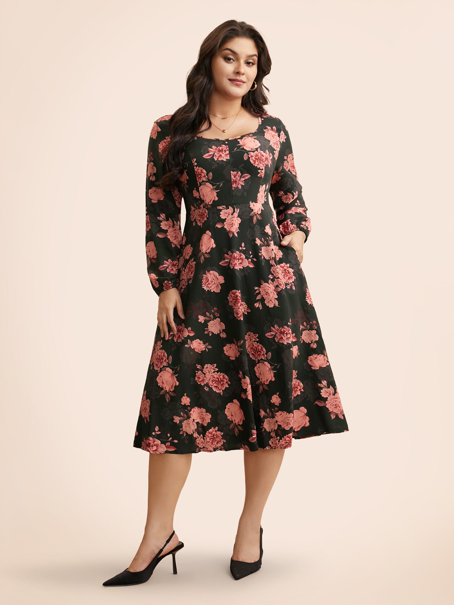 

Plus Size Floral Lantern Sleeve Shirred Pocket Dress Black Women Elegant Shirred Boat Neck Long Sleeve Curvy BloomChic