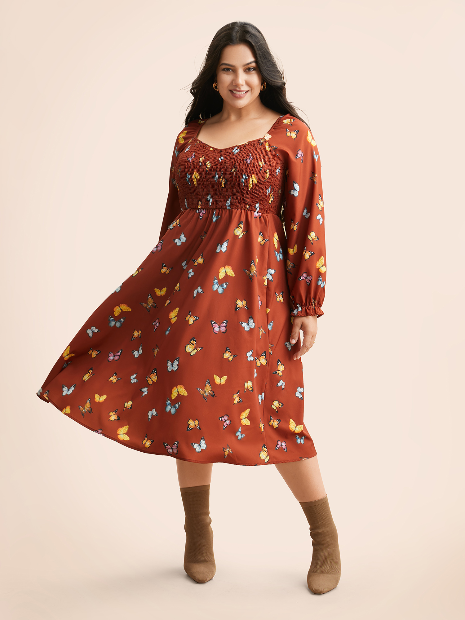 

Plus Size Heart Neckline Butterfly Print Shirred Dress Russet Women Elegant Shirred Heart neckline Long Sleeve Curvy BloomChic