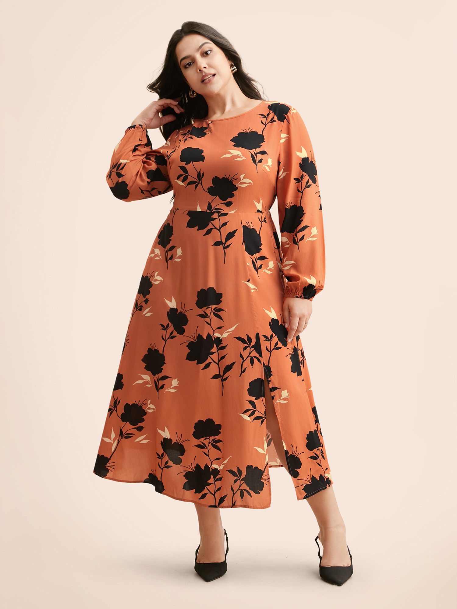 Plus Size Silhouette Floral Print Lantern Sleeve Slit Hem Dress Coral Women Elegant Slit Round Neck Long Sleeve Curvy BloomChic 18-20/2X 