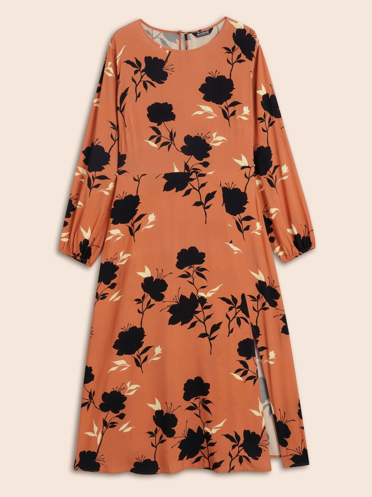 Plus Size Silhouette Floral Print Lantern Sleeve Slit Hem Dress Coral Women Elegant Slit Round Neck Long Sleeve Curvy BloomChic 18-20/2X 