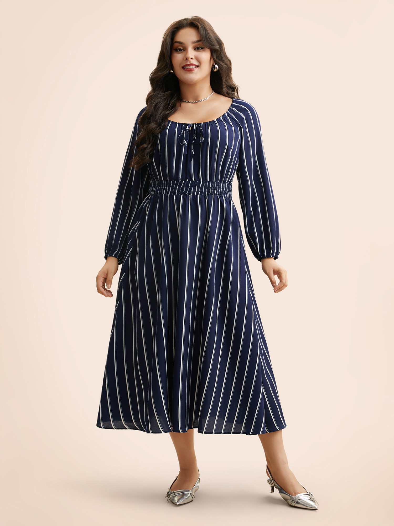 

Plus Size Striped Shirred Lantern Sleeve Maxi Dress DarkBlue Women Elegant Tie knot U-neck Long Sleeve Curvy BloomChic