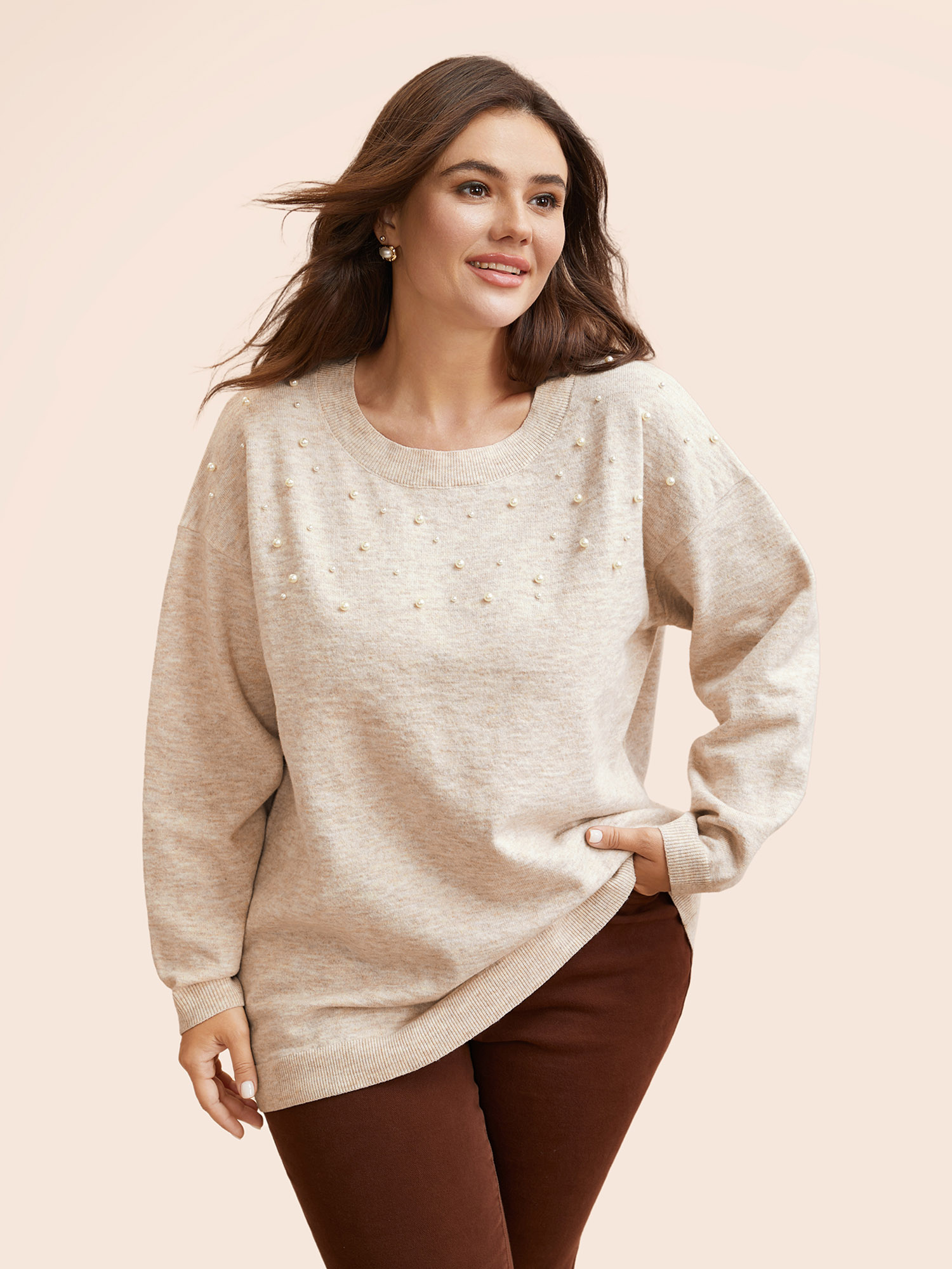 

Plus Size Round Neck Pearl Beaded Pullover Apricot Women Casual Long Sleeve Round Neck Everyday Pullovers BloomChic