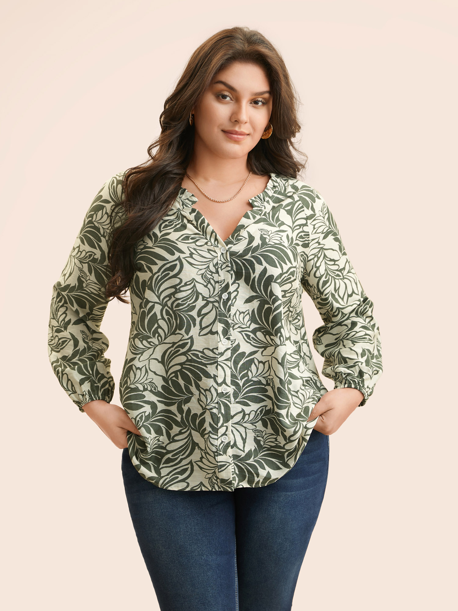 

Plus Size ArmyGreen Silhouette Floral Print Ruffle Trim Blouse Women Elegant Long Sleeve Notched collar Everyday Blouses BloomChic