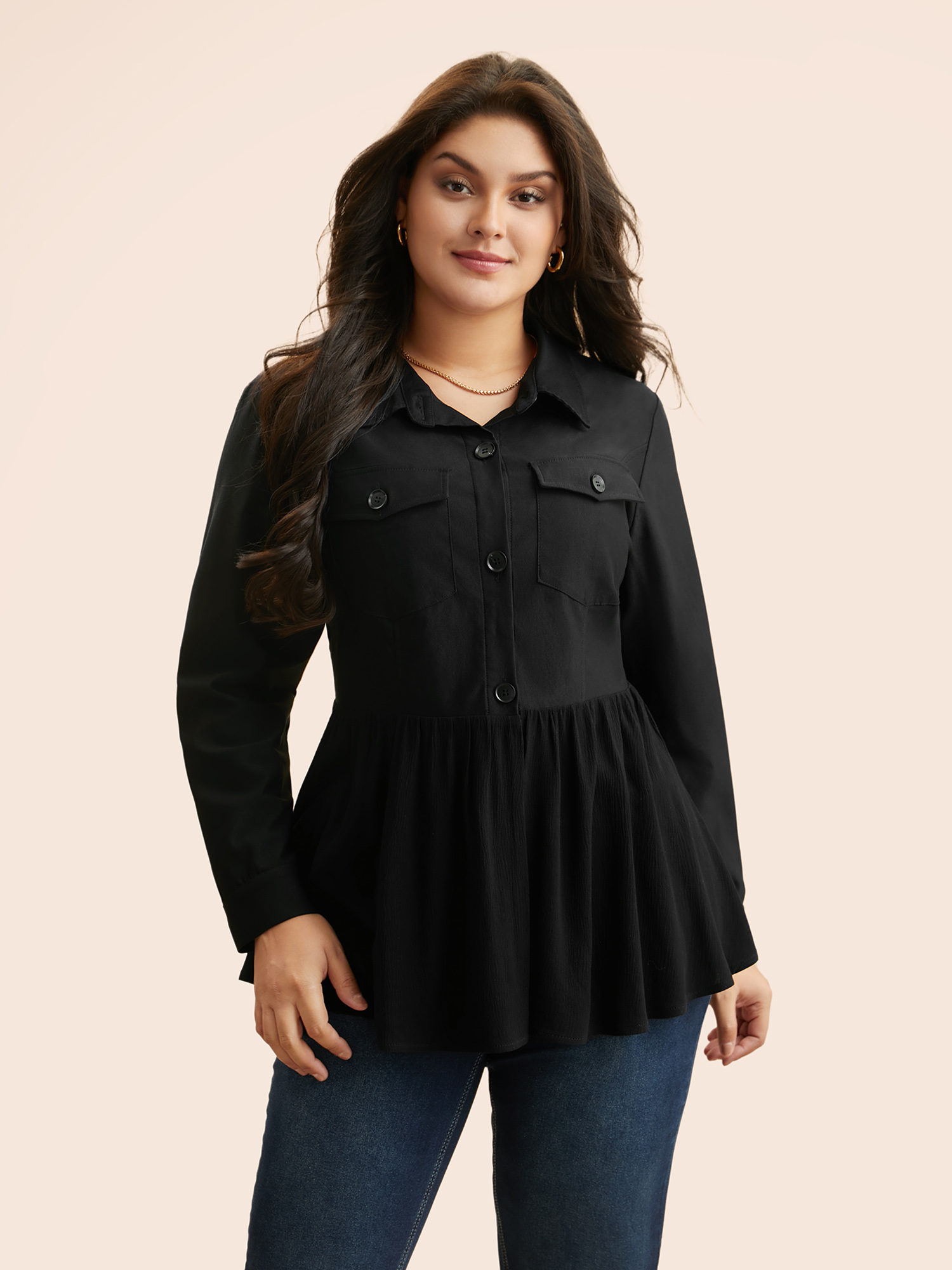 

Plus Size Shirt Collar Flap Detail Gathered Jacket Women Black Gathered Everyday Jackets BloomChic