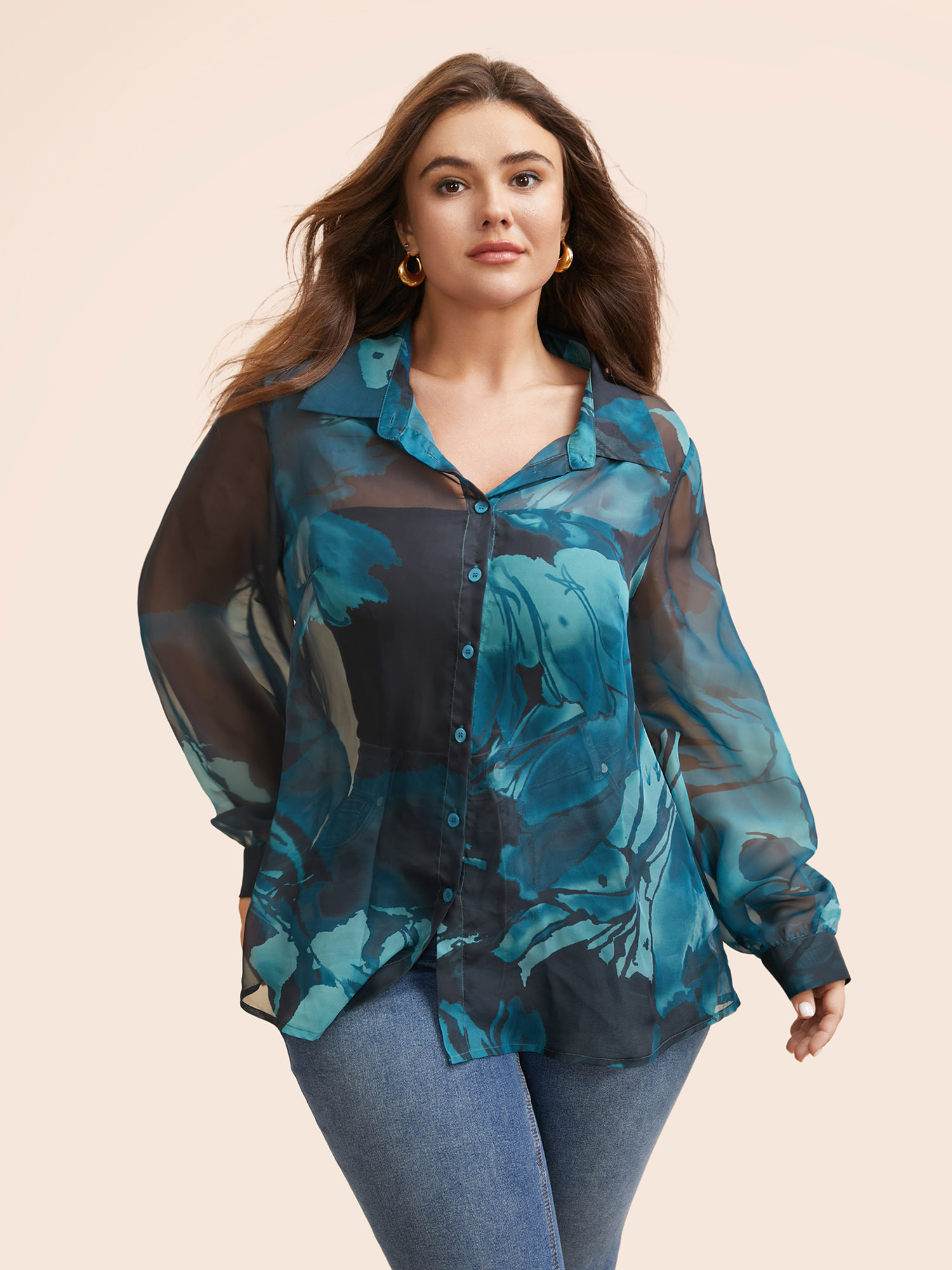 

Plus Size Teal Watercolor Floral Mesh Shirt Collar Blouse Women Elegant Long Sleeve Shirt collar Everyday Blouses BloomChic