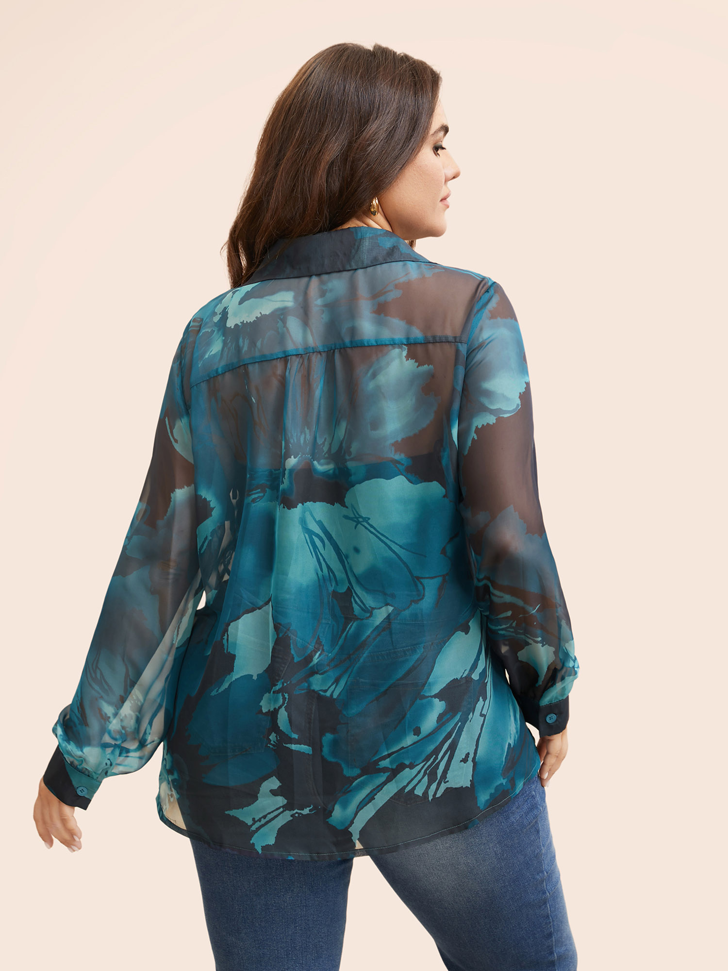 

Plus Size Teal Watercolor Floral Mesh Shirt Collar Blouse Women Elegant Long Sleeve Shirt collar Everyday Blouses BloomChic