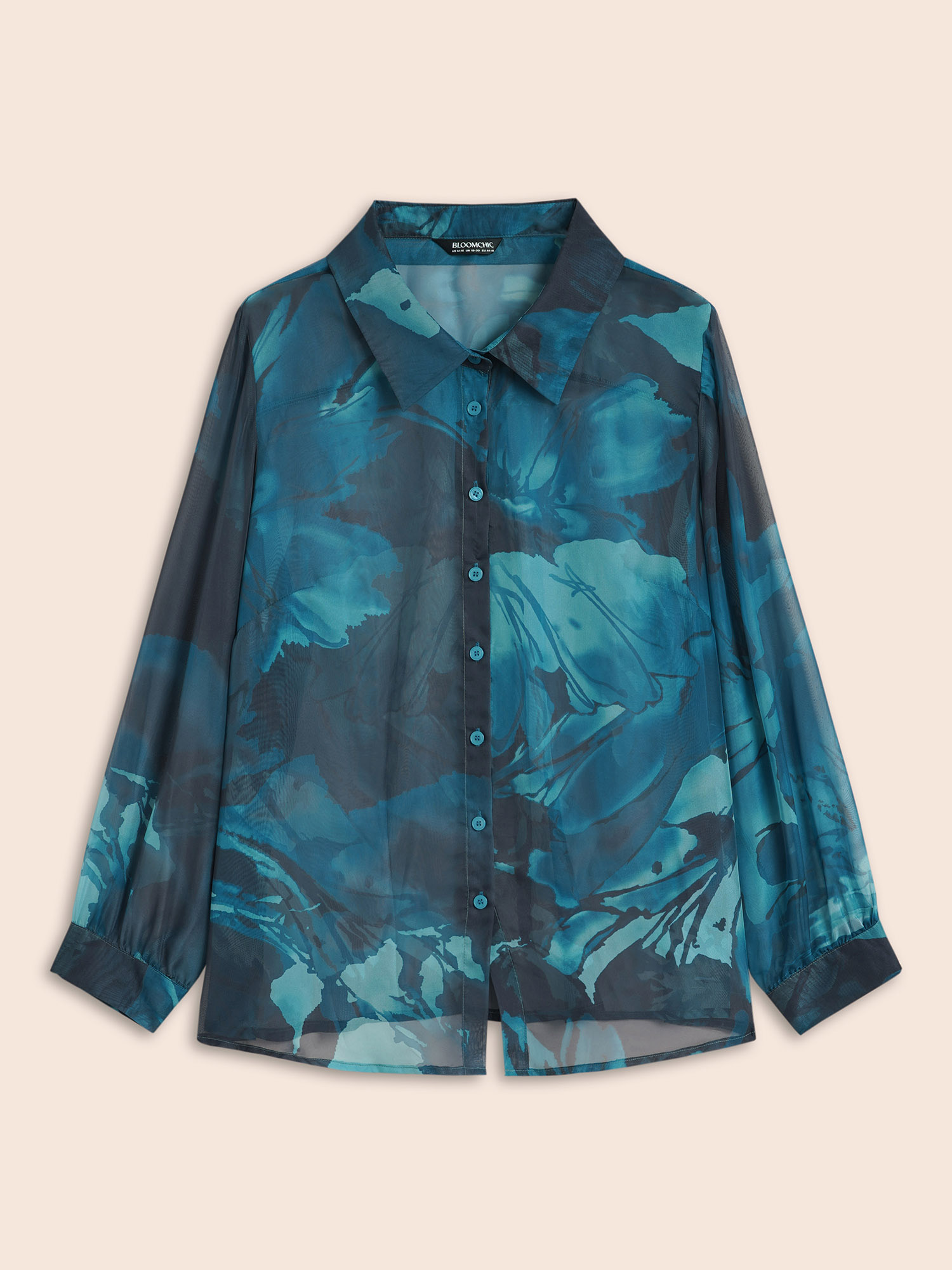 Plus Size Teal Watercolor Floral Mesh Shirt Collar Blouse Women Elegant Long Sleeve Shirt collar Everyday Blouses BloomChic 26/4X 